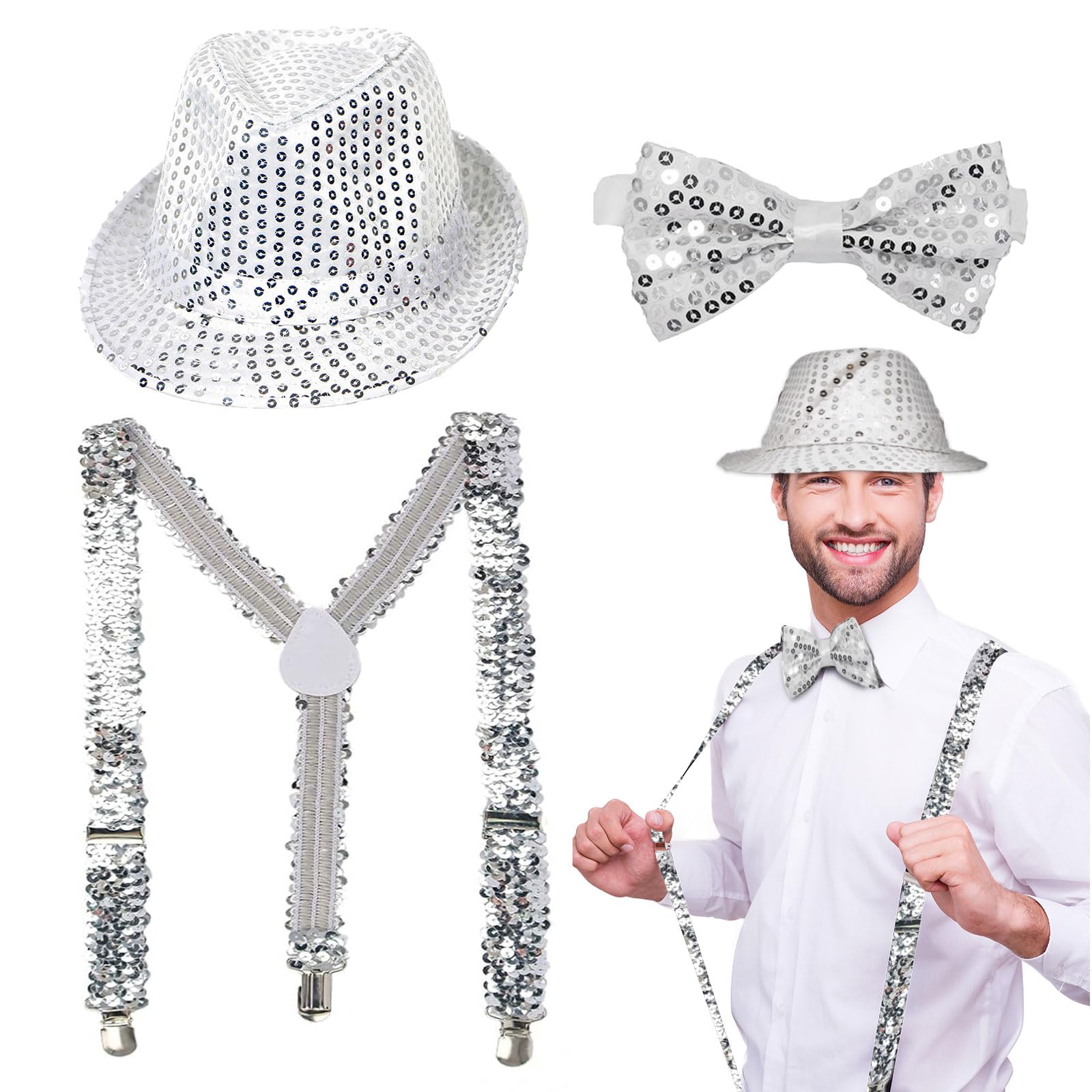 EUPSIIU 3 Pieces Jazz Dance Hat Kids Performance Jazz Sequins Hat Suspenders Braces Bow Tie, 70s Disco Costume for Aldult Hip-Hop Glitter for Fancy Dress Dance Theme Party Stage Show