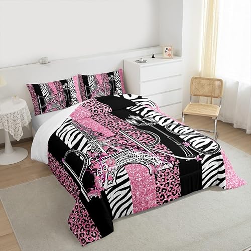 Miniatura 6 de Juego de edredón para niños de la Torre Eiffel, tamaño matrimonial, juego de ropa de cama con textura de piel de cebra y leopardo con purpurina,