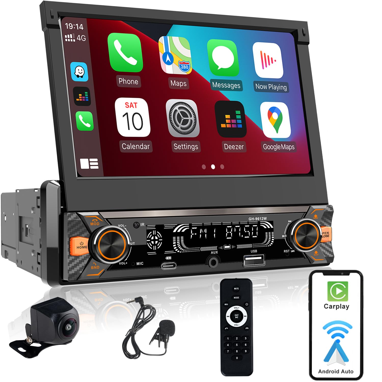 Radio Coche 1 Din pantalla táctil (7" Retráctil Automáticamente) compatible con [Wireless] Apple CarPlay/Android Auto Bluetooth Radio (FM/RDS) USB (Tipo-C carga rápida de 3A) Cámara de respaldo