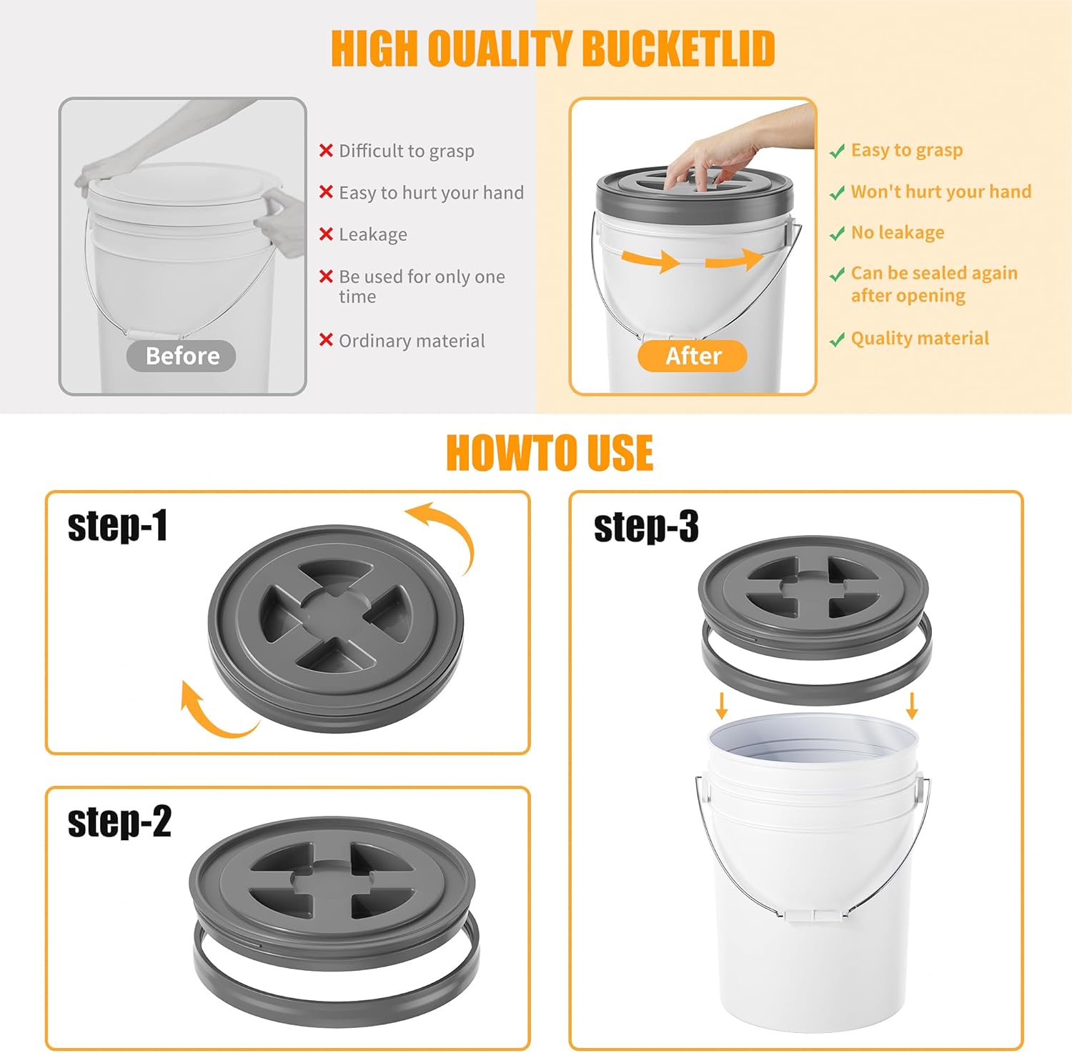 4 Pieces 5 Gallon Bucket Lids, 12inch Leak-proof Plastic Seal Screw Top Airtight Lid, Reusable Drum & Pail Lid for Pet Food Storage, Home Paint Storage and Industrial Storage Buckets -Grey