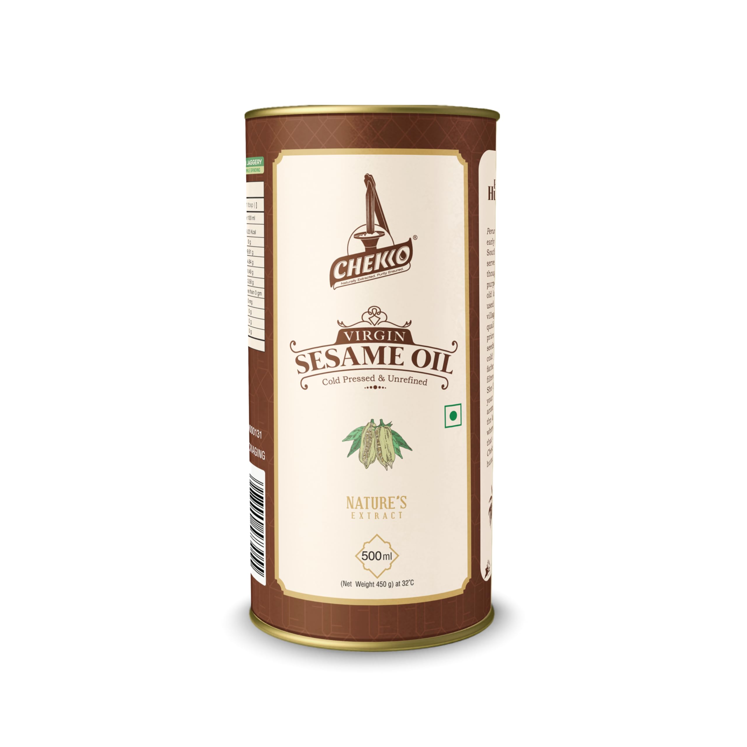 Chekko Cold Pressed Virgin Sesame (Gingelly) Oil | 100% Natural, Pure & Wood Pressed (500 ML) for Cooking, Haircare, Seasoning, Oil Massage and Oil Pulling