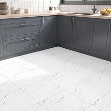 FunStick 15 Pcs White Marble Peel and Stick Floor Tile Bathroom Stick on Vinyl Flooring Waterproof 12"x12" Marble Peel and Stick Tile Linoleum Flooring for Kitchen Removable Sticky Tiles for for Floor