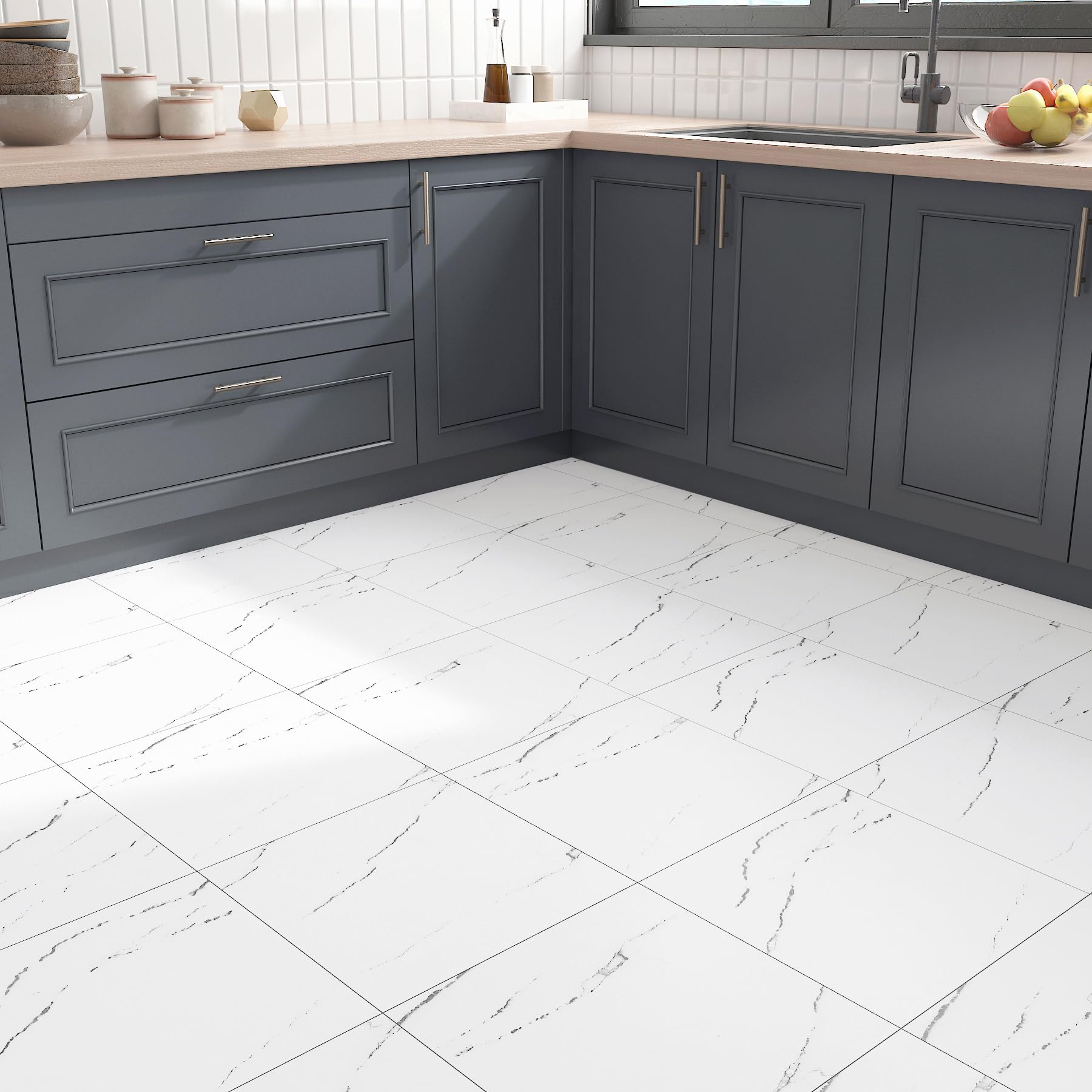 FunStick 30x30CM 30 Losetas Vinilicas Adhesivas Suelo Vinilo Autoadhesivo Marmol Blanco Baldosas Autoadhesivas de PVC Cocina Comedor Impermeable Suelo Vinilico Blanco Azulejos Suelo Adhesivos Baño