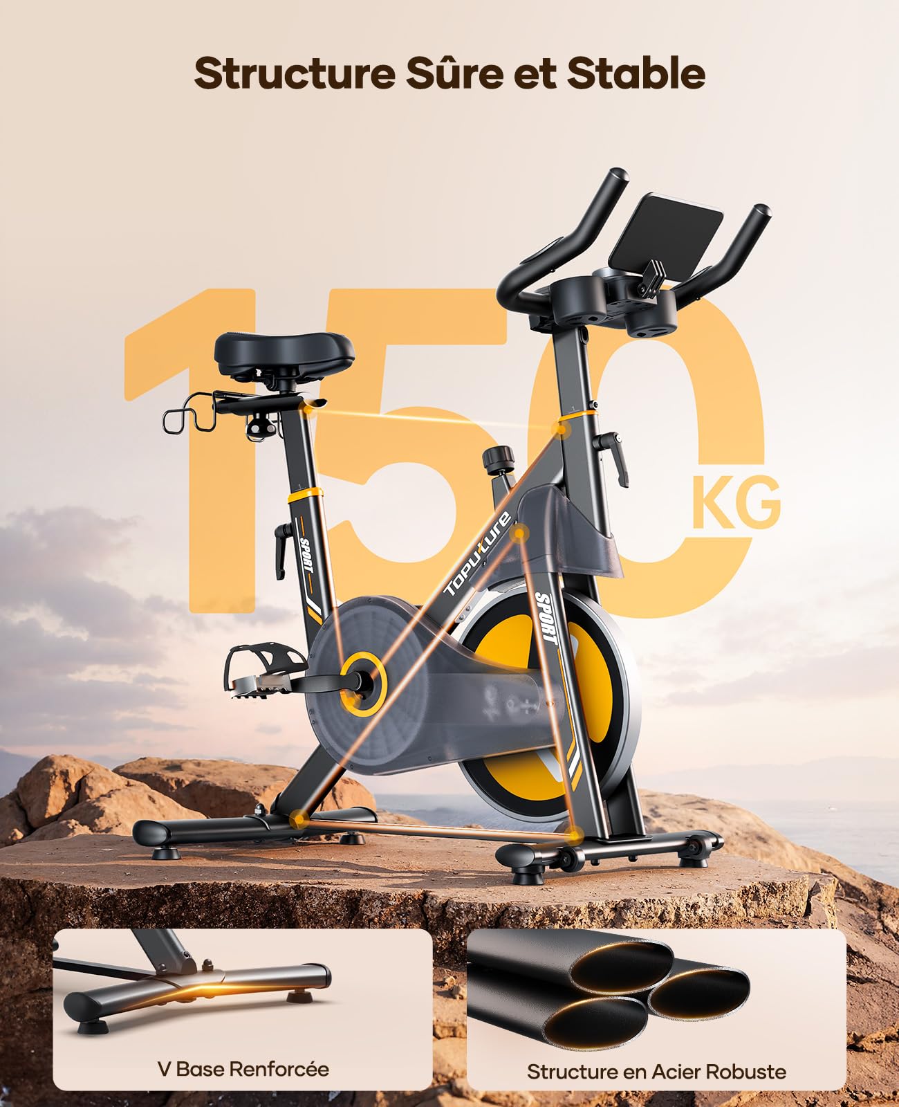 TOPUTURE Velo d Appartement, Vélo d'Appartement Silencieux avec Résistance Magnétique Électrique 32 Niveaux, Écran Tactile Haut de Gamme avec App et Capteur Cardiaque, Support Haltères, Capacité 150kg