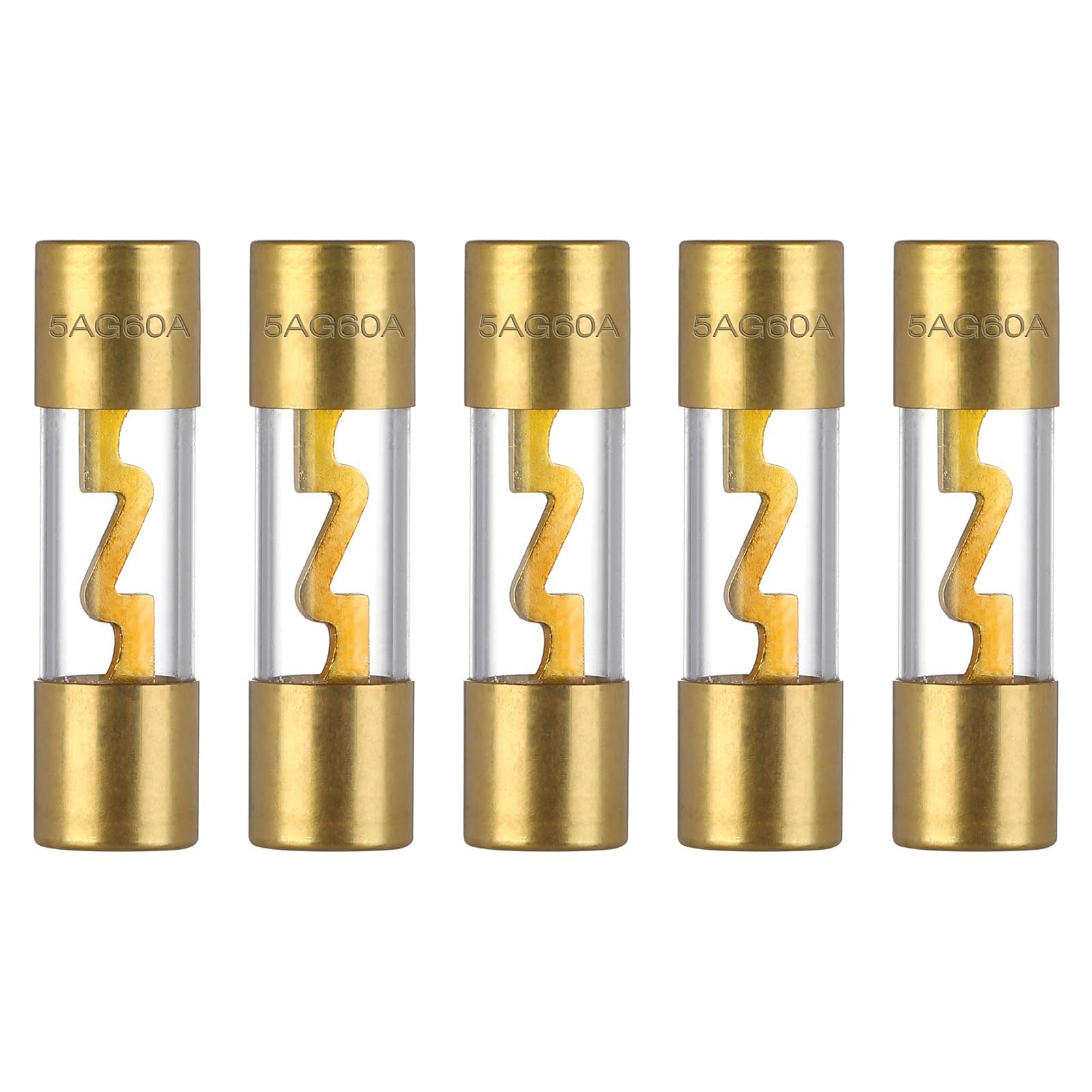 60A AGU Car Fuse Gold Plated 60 Amp Auto Audio Fuses Glass Tube for Automotive Stereo Power Protection (Pack of 5Pcs)