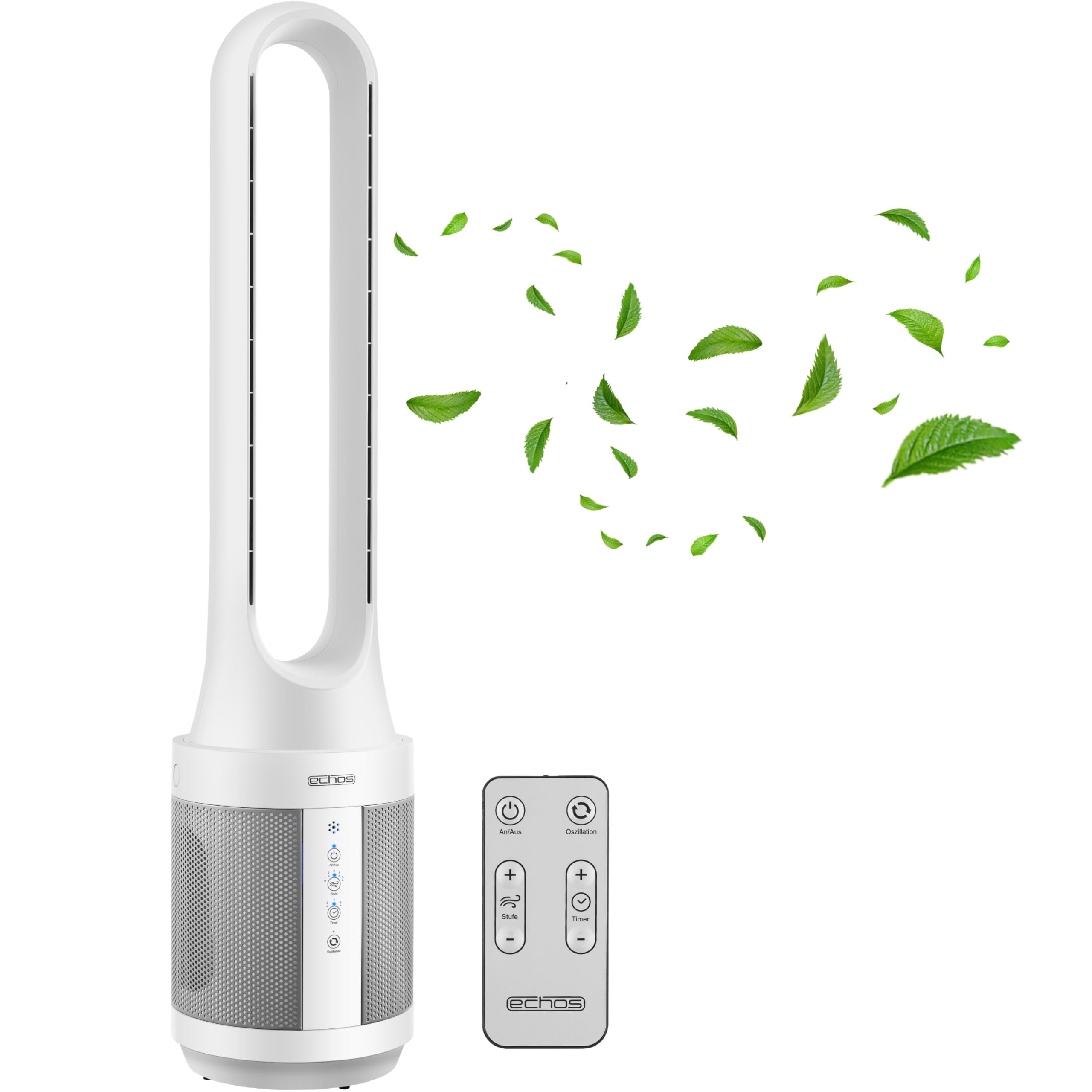 Echos® Turmventilator leise mit Fernbedienung – Energiesparender Standventilator/Säulenventilator mit Oszillation, 8h Timer & hohem Luftdurchsatz für Schlafzimmer, Büro & Wohnzimmer