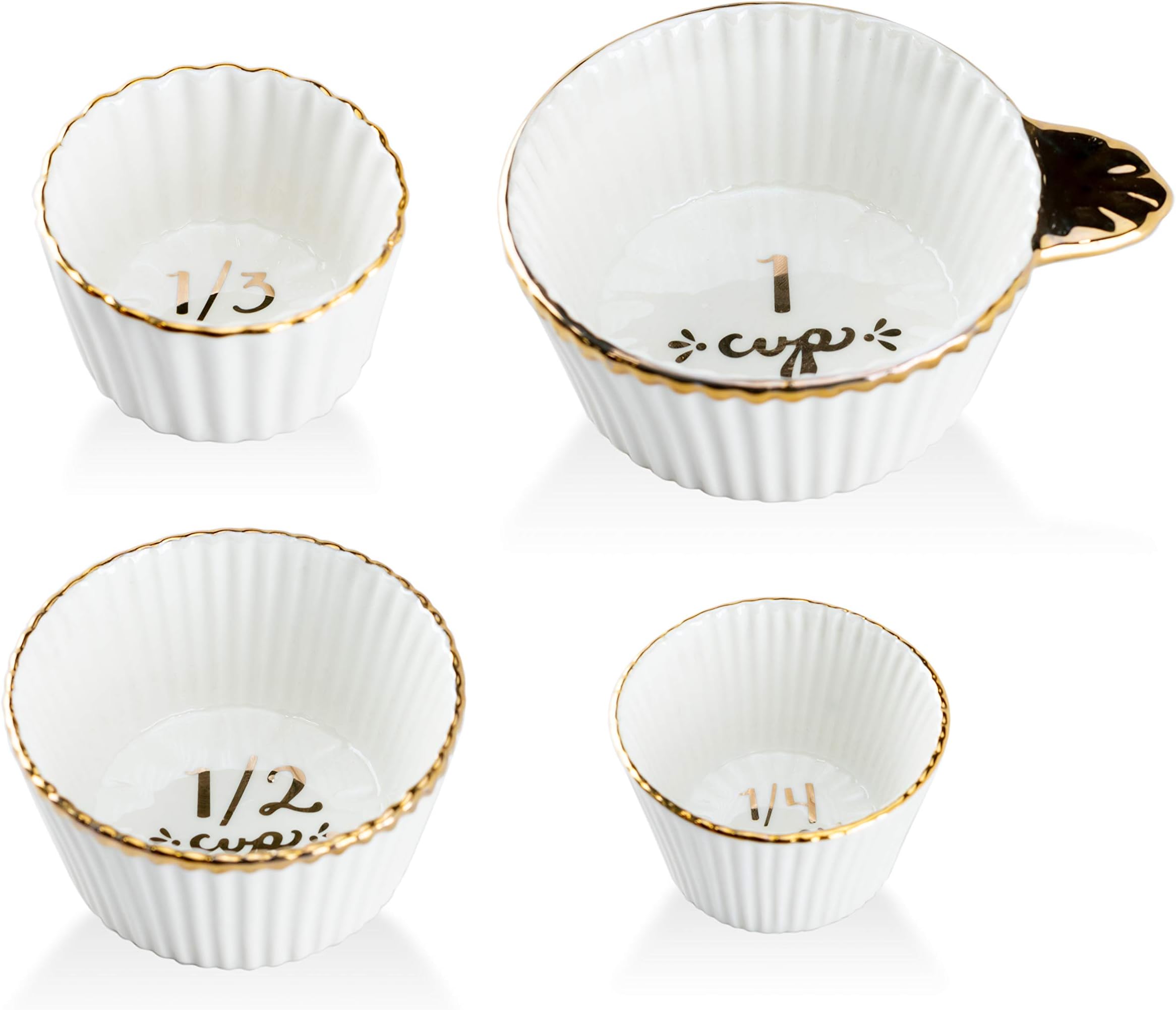 Gracie China by Coastline Imports Gold Trim White Porcelain Fluted 4-Piece Measuring Cup Set