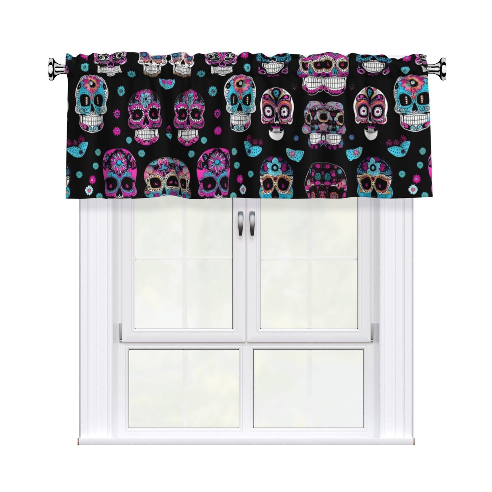 LMNGH Colorful Skulls Print Curtain Valance for Windows,Kitchen Window Curtains Blackout Drapes Window Treatments Decorative Rod Pocket Short Curtain for Living Room Bedroom,54" W x 18" L