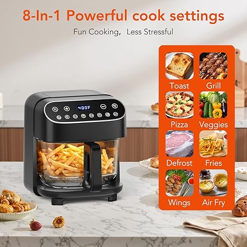 Miniatura 5 de WAA Freidora de aire de vidrio de borosilicato alto 8 en 1, asar, recalentar, deshidratar, papas fritas, sin PFSA y sin recubrimiento, freidora de