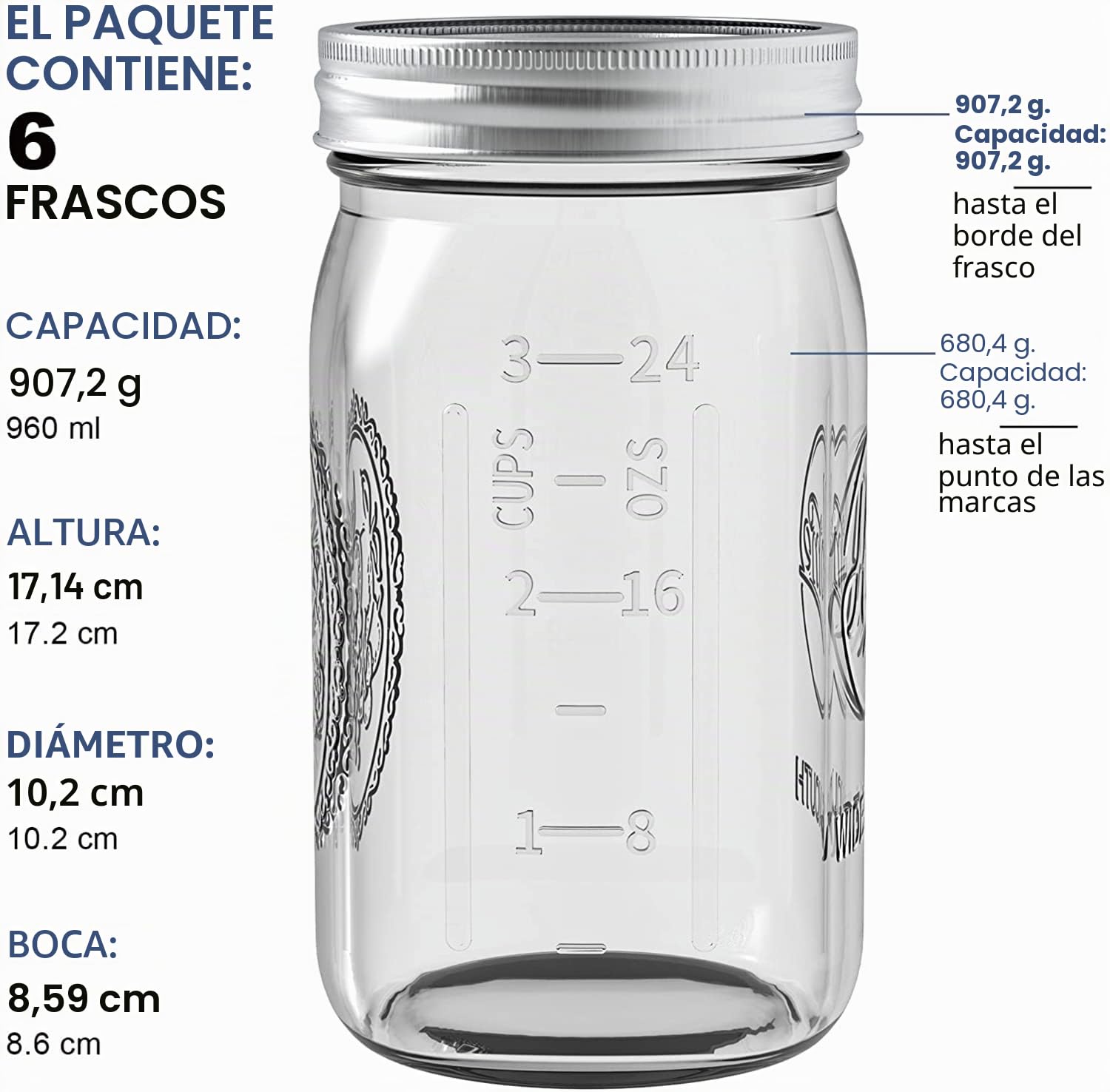 Tebery Paquete de 6 tarros de vidrio transparente de 32 onzas, tarros Mason de 1 litro, tarros de conservas de boca ancha con tapas para beber, comer, avena durante la noche
