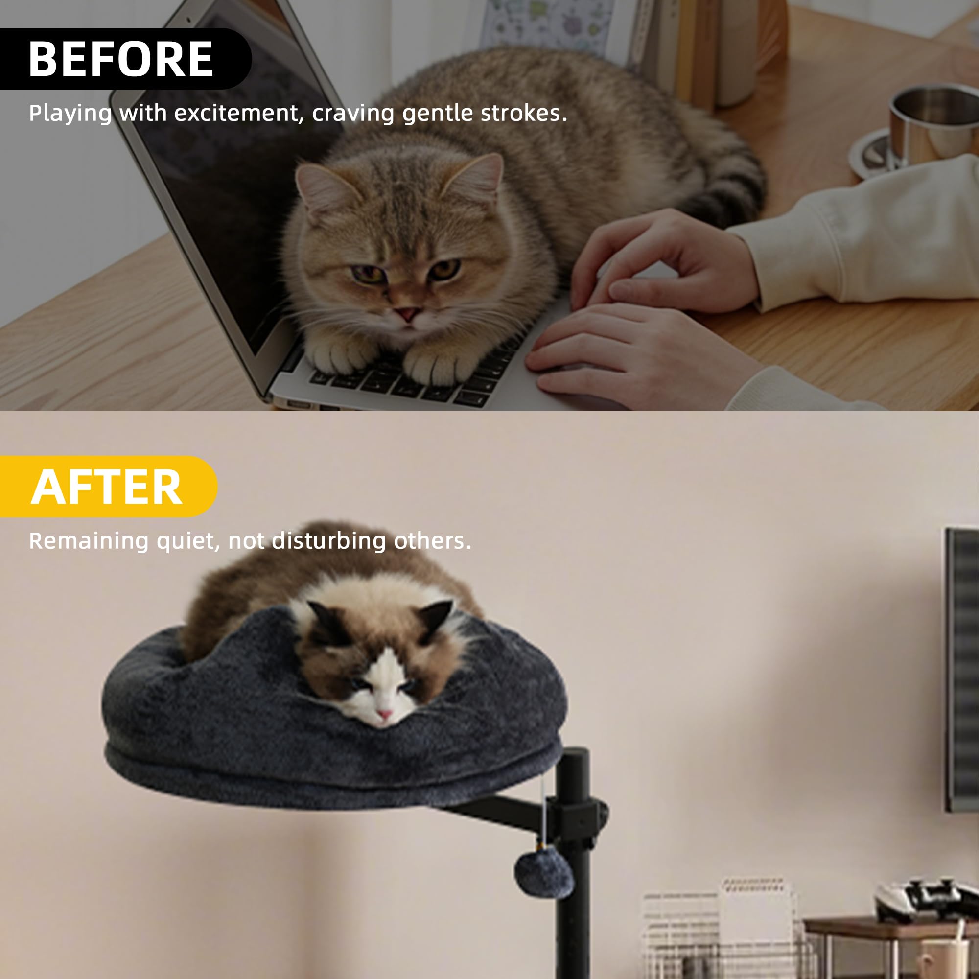 Katzenbett Schreibtisch, 360° Drehung Hängebett für Katzen Höhenverstellbar, Katzenhängematte Katzenkorb zum schlafen, Hält Kätzchen Katze nah und Arbeitsbereich (Dunkelgrau)