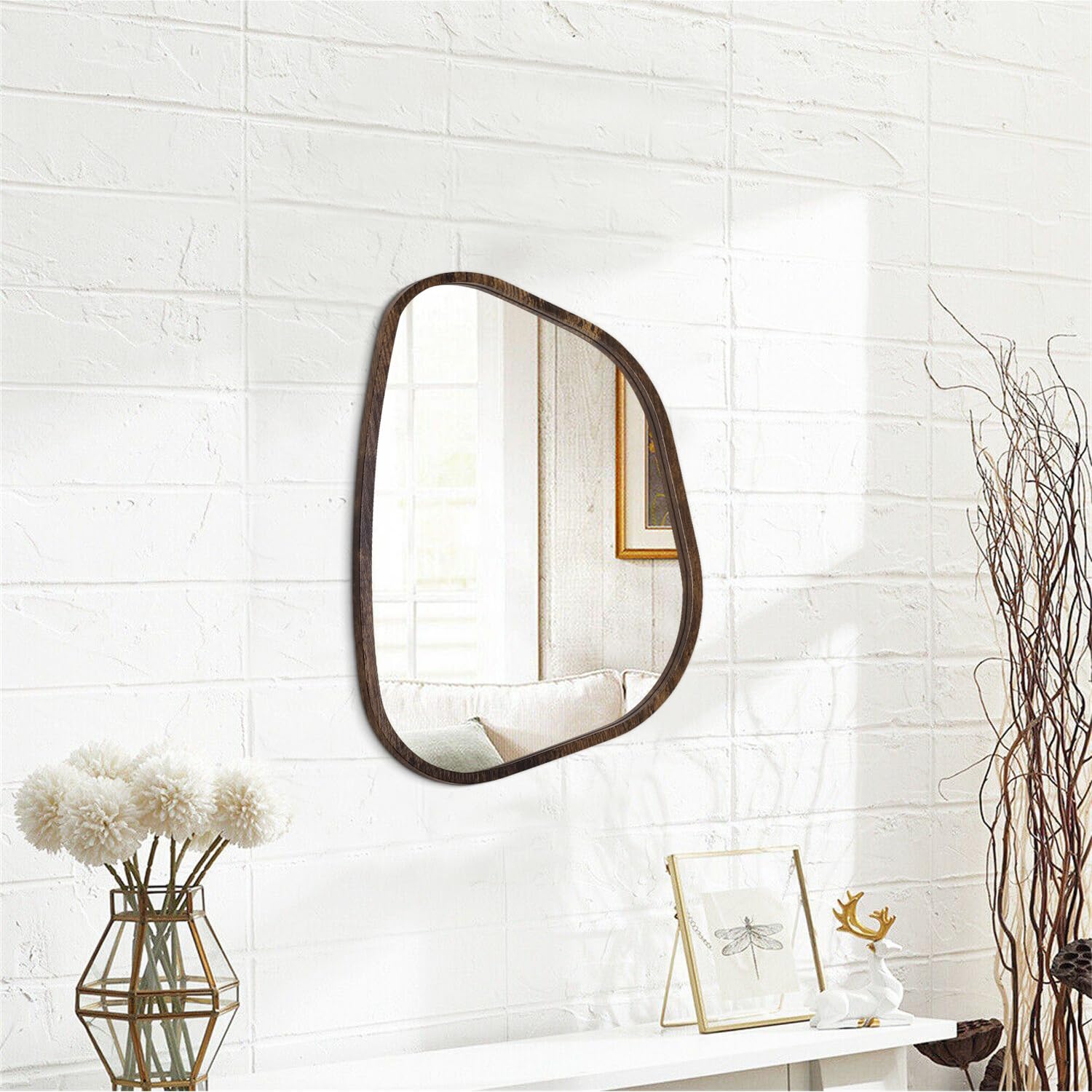 HLFMVWE Asymmetrical Mirror Irregular Oval Wall Mirror Modern Wood Frame Unique Shape Wall Mounted Vanity Artistic Decorative for Living Room Bedroom Bathroom Entryway Hallway 35 x 25CM - Image 2