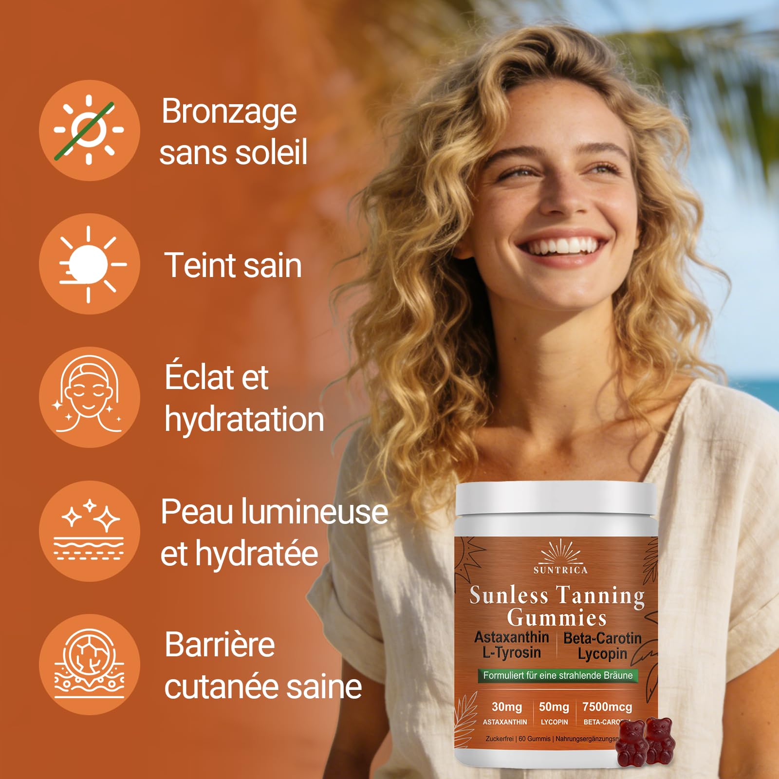 Sunless Tanning Gummies - Ositos autobronceadores y bronceadores de goma con beta caroteno, astaxantina y L-teanina – Natural Shine Brown Tez sin UV – 60 unidades