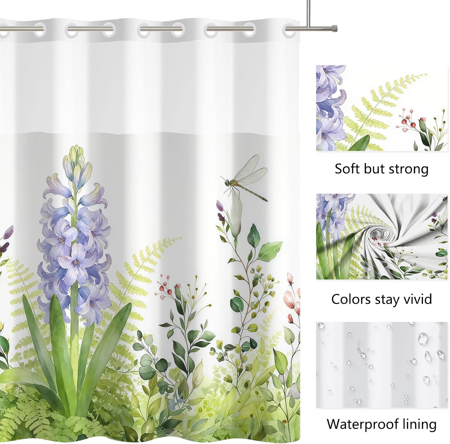 No Hook Plants Shower Curtain and Liner Set 71 x 74 Inch - Purple Hyacinths and Green Leaves Design, Waterproof Fabric Bath Curtain with Mesh Top for Farmhouse Bathroom Decor