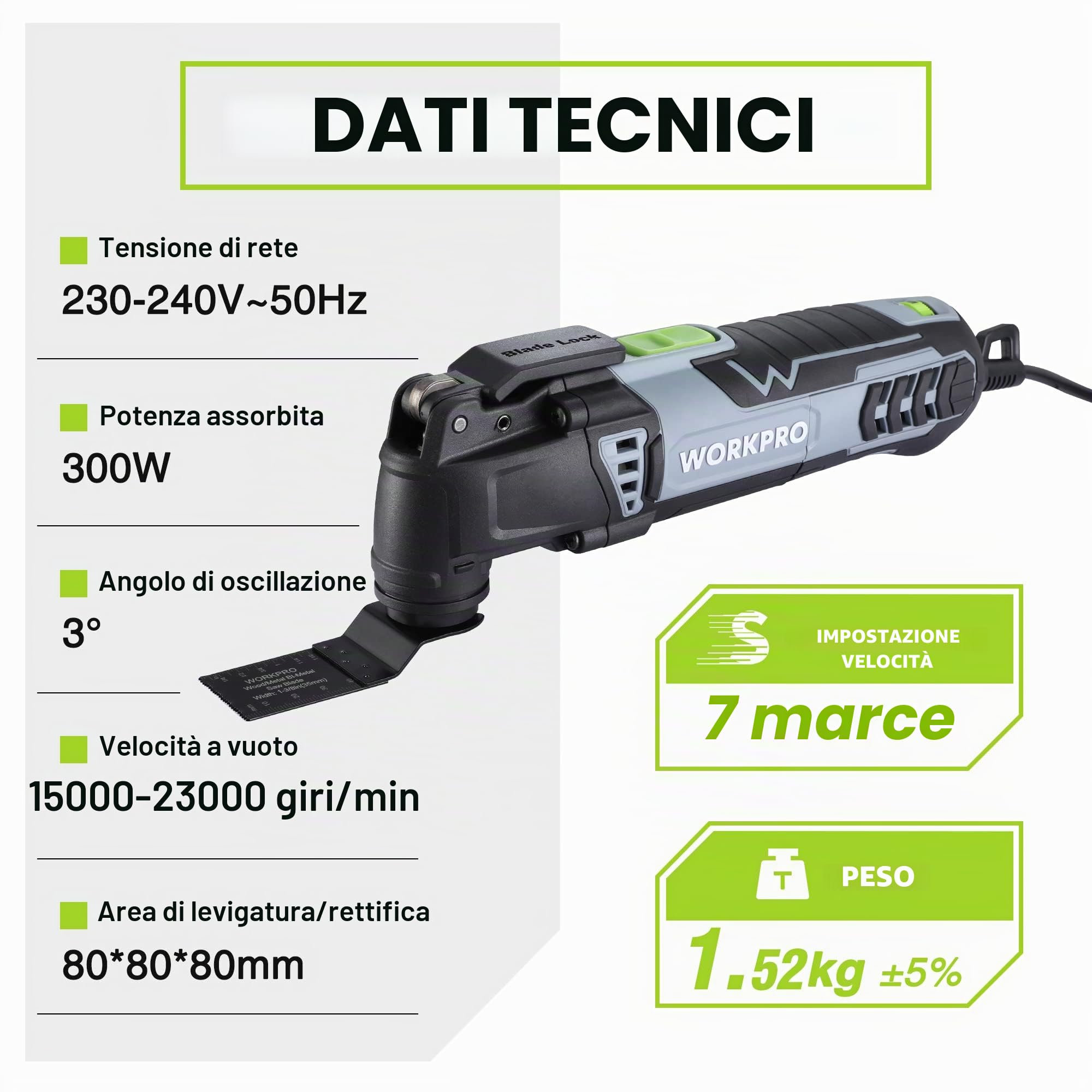 WORKPRO Strumento multifunzione oscillante 300 W, 7 velocità regolabili, con 17 accessori, angolo di oscillazione di 3°, meccanismo di cambio rapido della lama per segare, raschiare, modellare,
