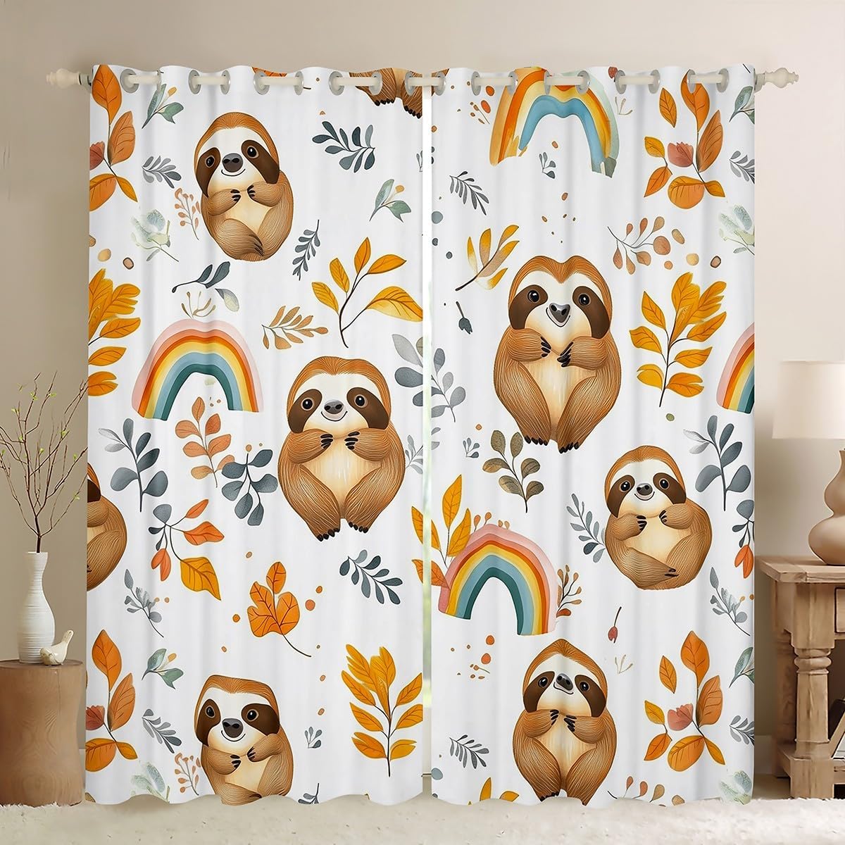 Erosebridal Cute Cartoon Sloth Window Treatments Drapes Brown Woodland Animal Blackout Curtains Rainbow Window Curtains 2 Panel Sets 38" Wx54 L for Kids Boys Girls,Watercolor Tree Leaves Curtain