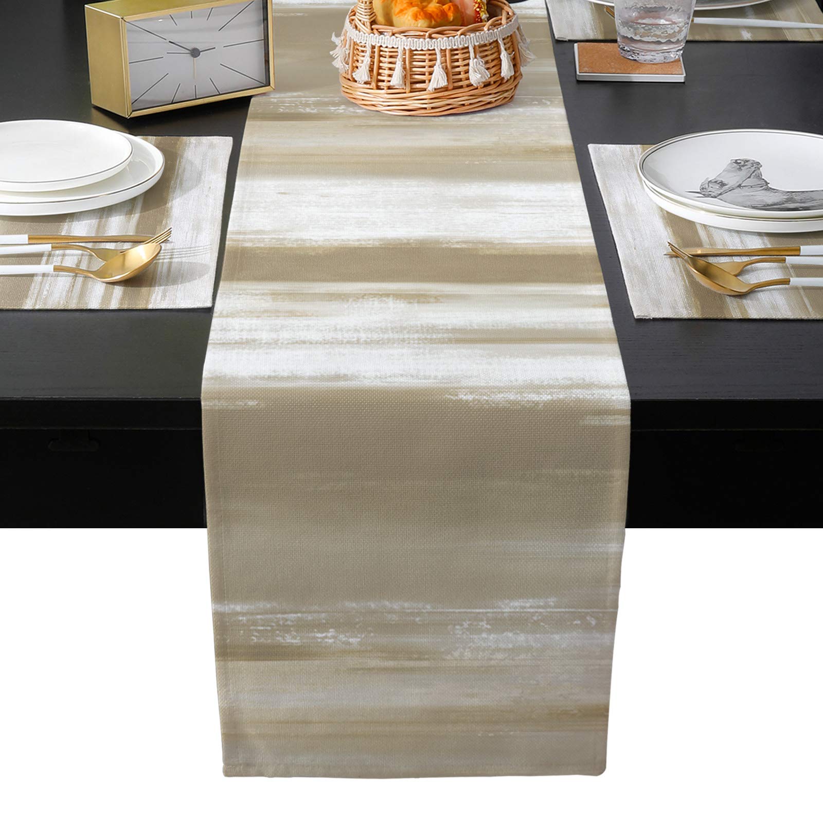 Libaoge Farmhouse Placemats with Burlap Table Runner 70 inches Long Abstract Khaki BrownTexture Heat-Resistant Table Mats Set of 6 for Kitchen Dining Table Wedding Party Holiday Dinner