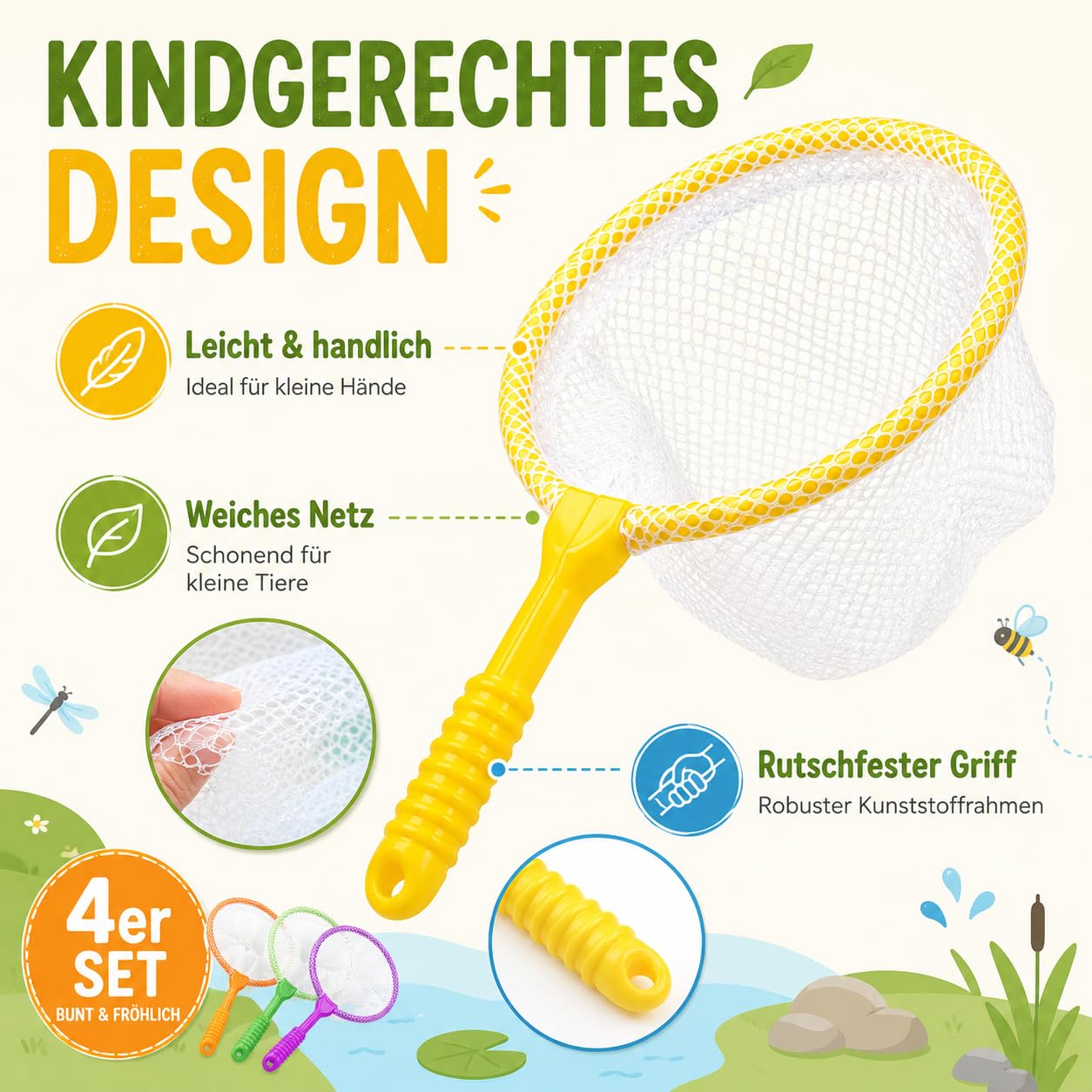 4 Stück Fischernetz, Kunststoff-Fischernetze, Insektenfängernetze, Farbige Schmetterlingsnetz, Kleine Kescher, Insektenfängernetze zum Fangen von Käfer für Outdoor Aktivitäten an Strand und Pool