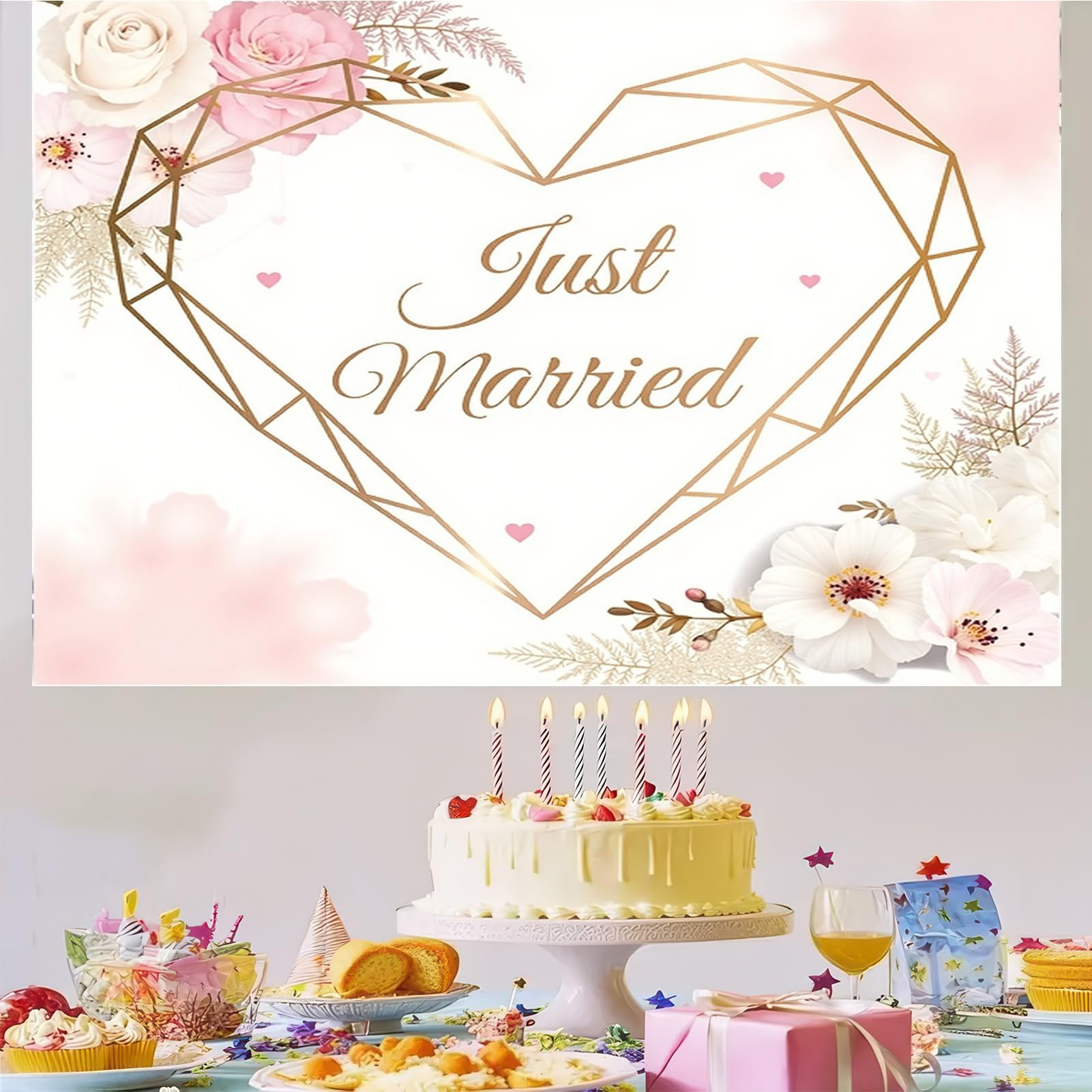 Fotohintergründe mit Aufschrift "Just Married", 238,8 x 180,3 cm, Polyesterstoff, das Herz der Ehe, Hochzeitsdekorationen, Fotohintergrund, Herz, Fotoshooting, Dekoration, Requisiten