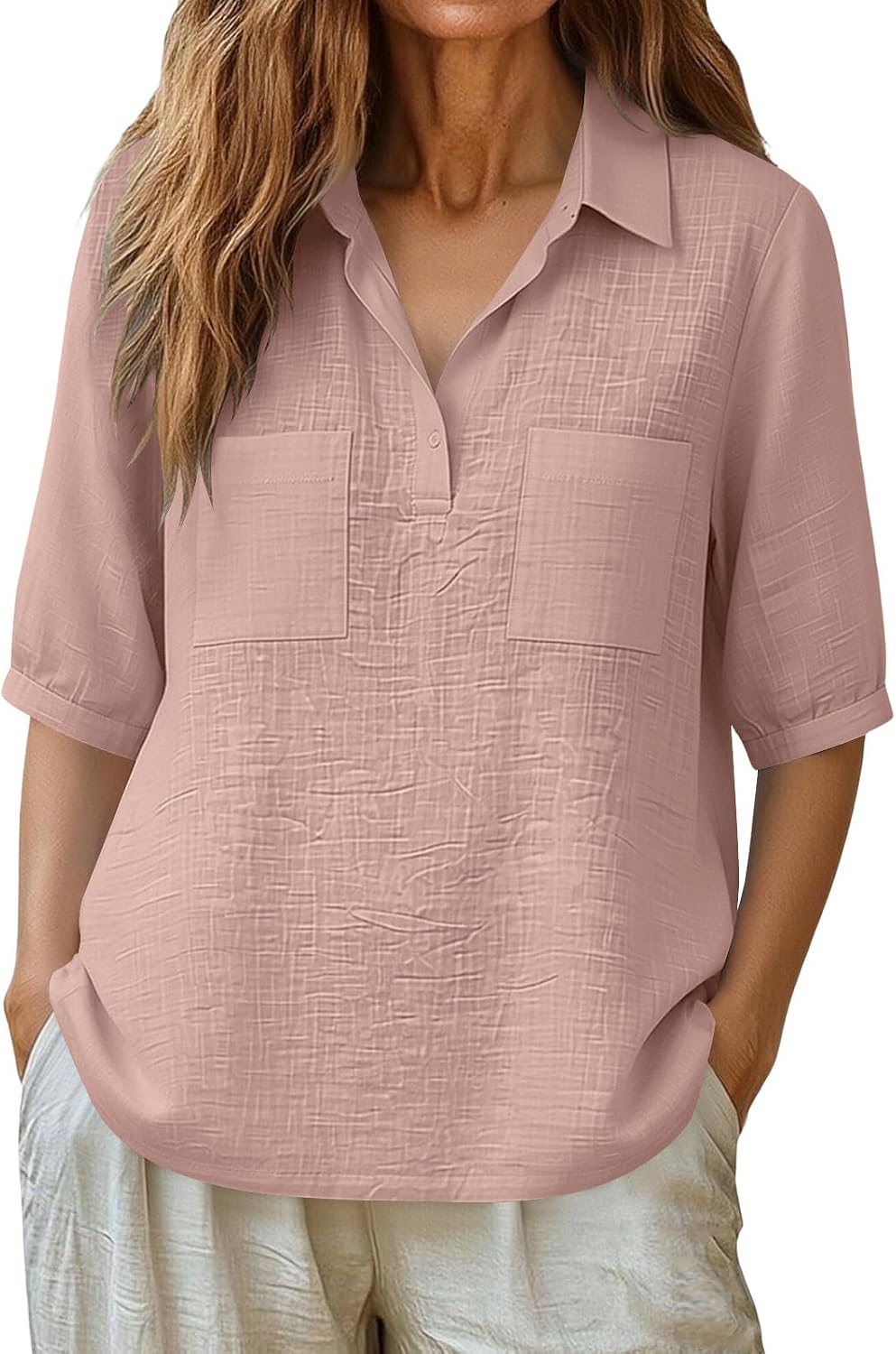 Women Summer Gauze Shirts V Neck Casual Cotton Linen Blouses 2026 Ladies Short Sleeve Tops Breathable Lapel Tee