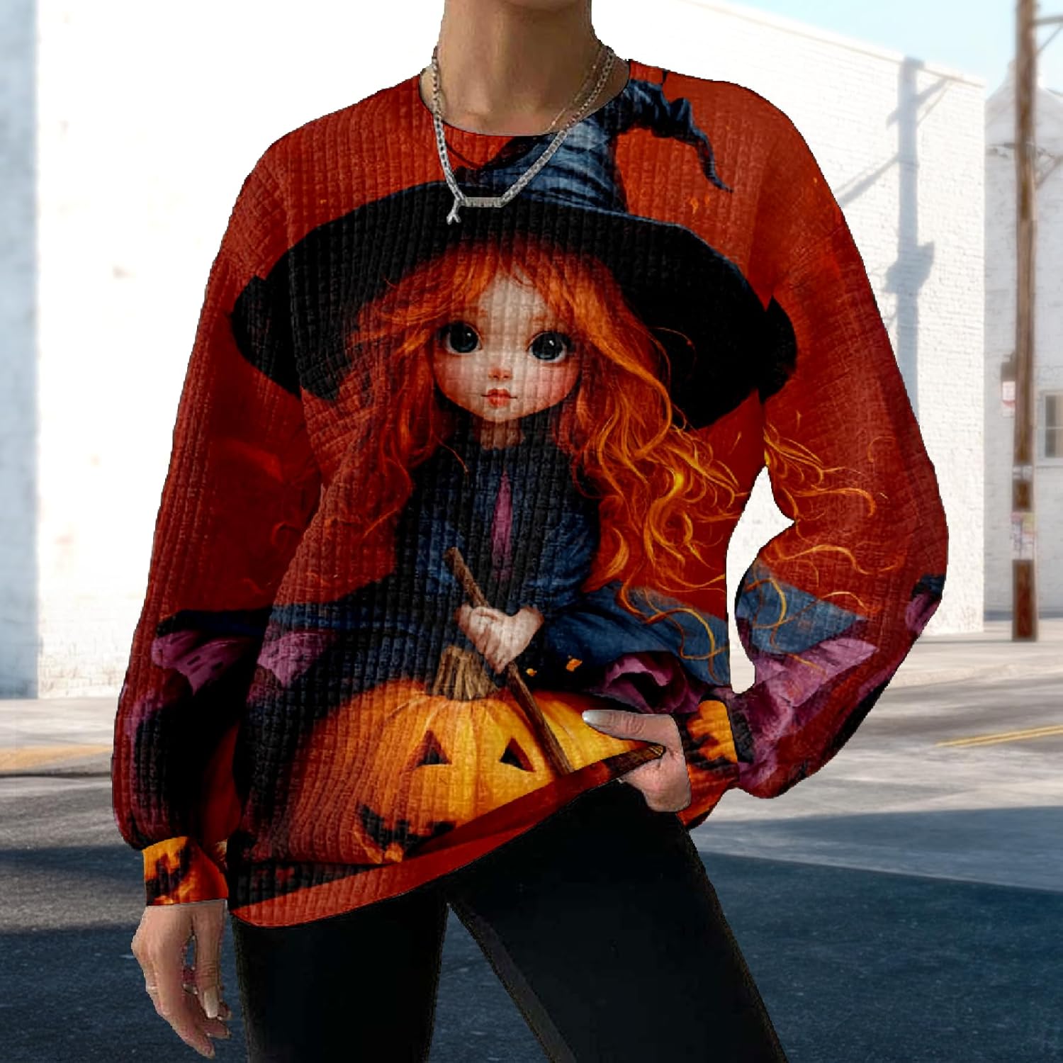 MARSVOVO Sweatshirts for Women Fall Winter 2025 Halloween Witch Pattern Long Sleeve Crewneck Lightweight Casual Outfits - Image 2