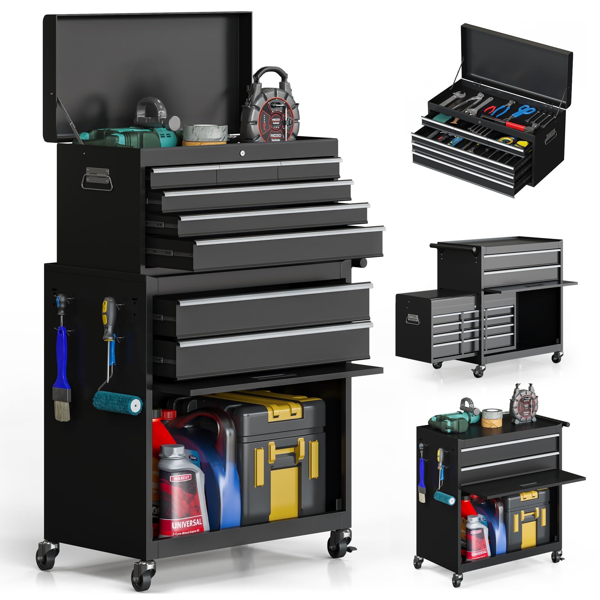VIWAT Tool Chest, 8-Drawer Rolling Tool Storage Cabinet with Enhanced Packaging, Detachable Top Tool Box, Metal Tool Cart with Hooks and Liners, for