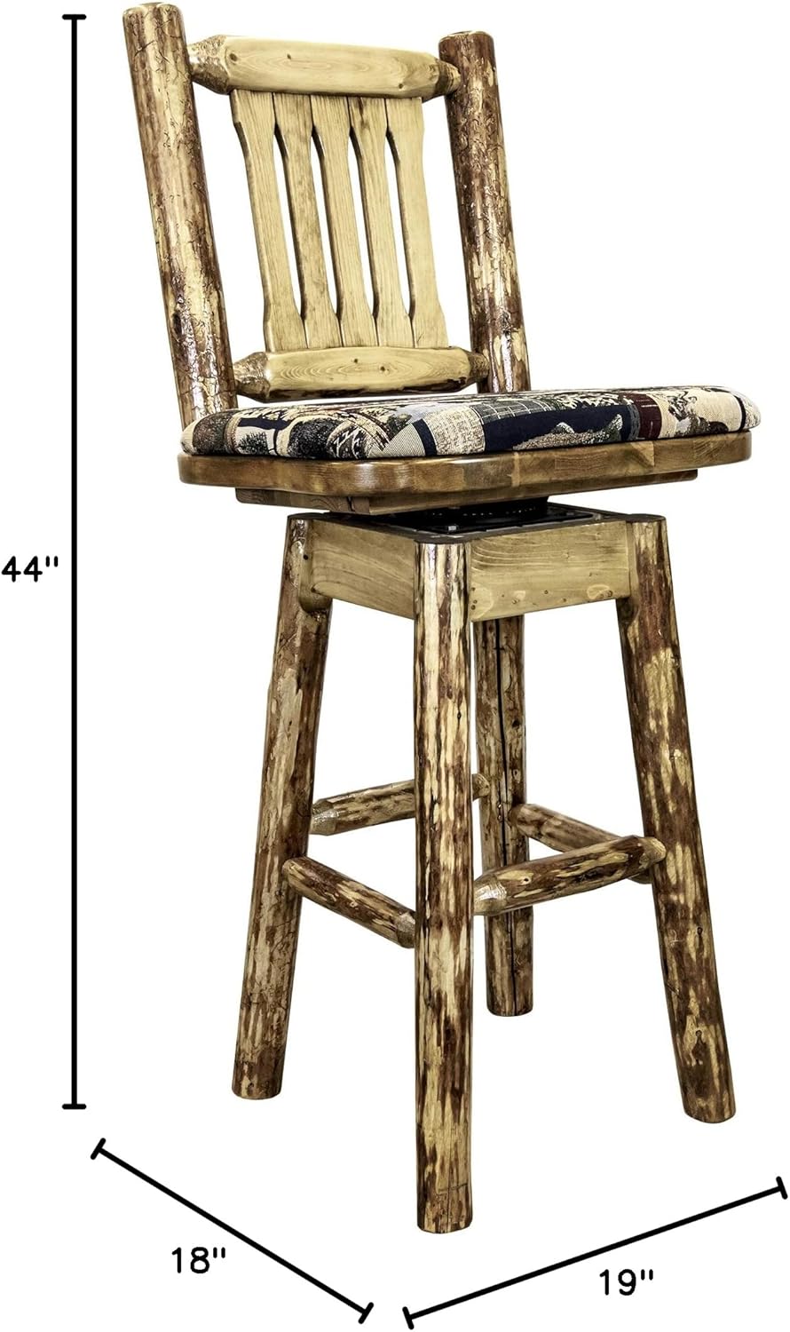 Montana Woodworks Glacier Country Collection Barstool with Back & Swivel with Upholstered Seat, Woodland Pattern, Stained & Lacquered