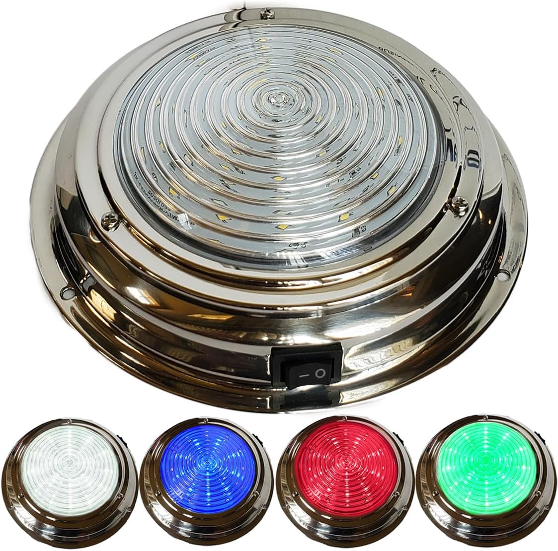 Wave One Marine Four Color 7" LED Boat Dome Light 12V RGBW RV | Stainless Housing | Ceiling Cabin Room Surface Mount | WHITE BLUE RED GREEN | Built In Rocker Toggle Switch (Onboard Switch)