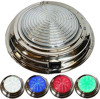 Four Color 7" LED Boat Dome Light 12V RGBW RV | Stainless Housing | Ceiling Cabin Room Surface Mount | WHITE BLUE RED GREEN | Built In Rocker Toggle Switch (Onboard Switch)