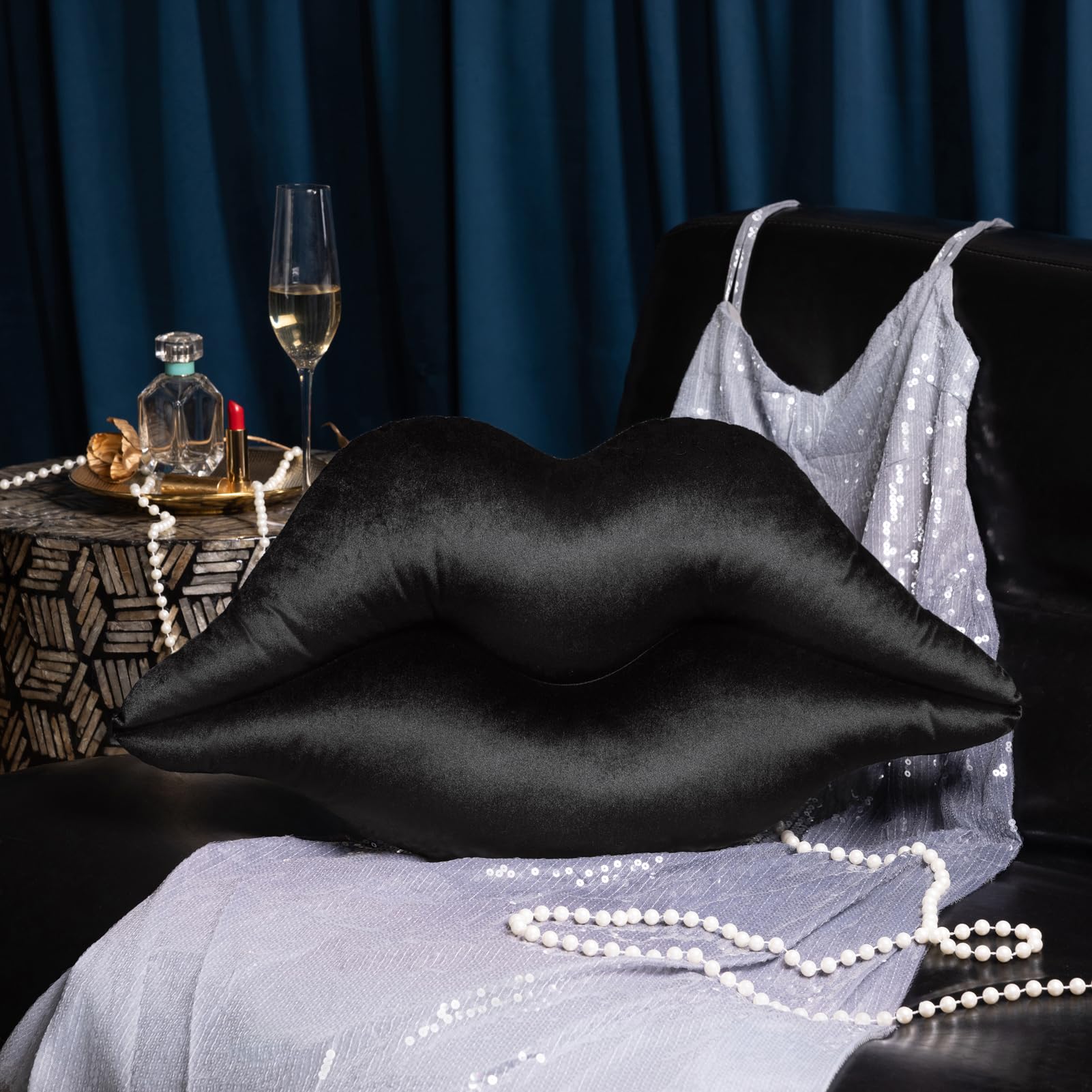 Ashler Upgraded Glossy Velvet Lip Shape Throw Pillow, Delicately Soft, Glossy Shimmering and Brilliant with Velvet Backing for Sofa, Bed and Living Room, Black, 24 X 12 Inches