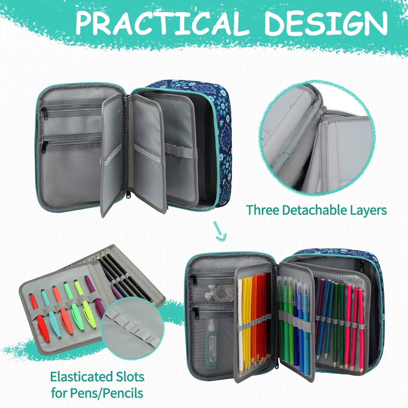 VASCHY Große Federmäppchen, Multi Fächer Mäppchen Organizer 72 Stück Etui Schule Federmappe Federtasche Maeppchen für Jungen Mädchen Blaue Blüten