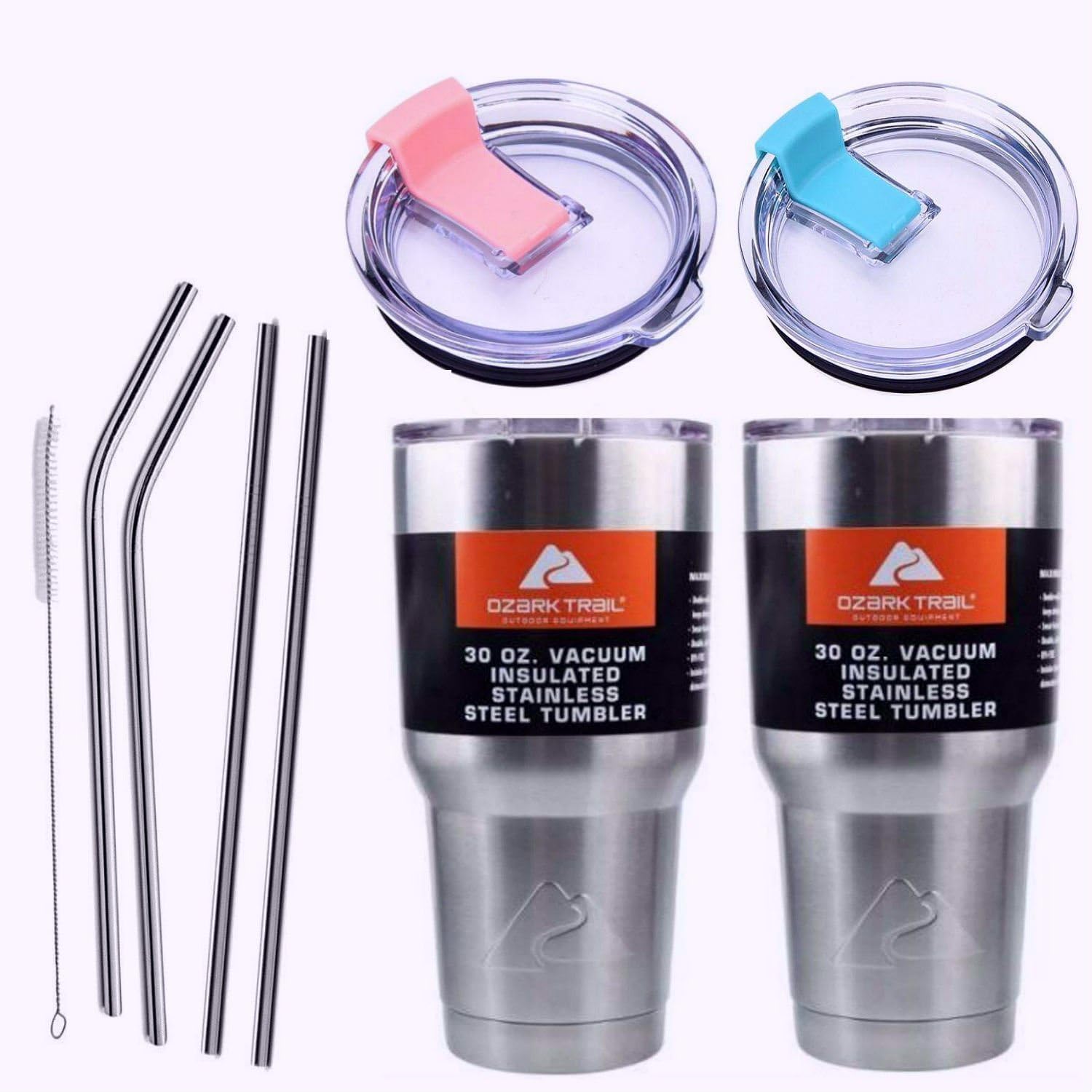 9-Piece Travel Mug Set – Ozark Trail Insulated Stainless Steel Tumbler [2 pack] with 4 Stainless Steel Straws, Cleaning Brush & 2 Extra Lids [Fits RTIC Yeti Rambler] For Coffee Smoothies Sports Drinks