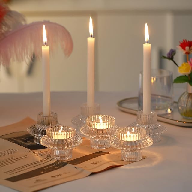 Glass Candle Holder Tealight Candlestick Holders 2 in 1 for Wedding, Home, Church, Christmas,Birthday party, Bedroom Decoration (6pcs)