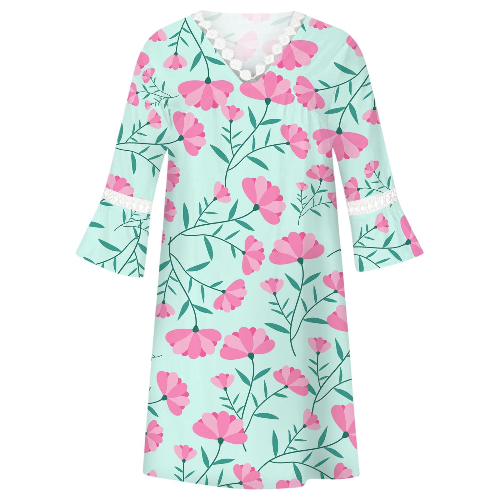 Vestido de verano para mujer, estilo étnico, ribete de encaje, cuello en V, estampado floral, tres mangas, estilo bohemio, mini