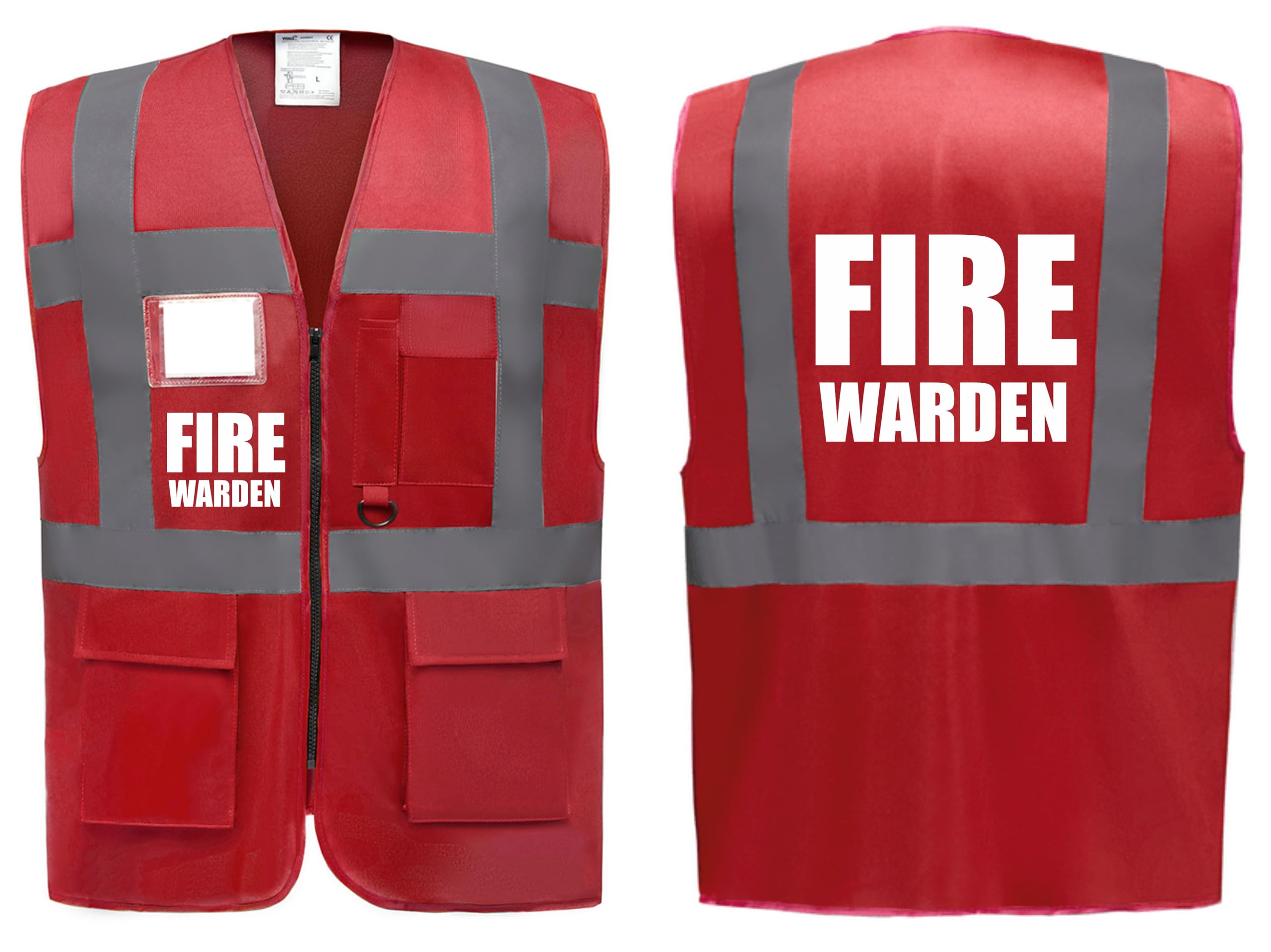 Brook Hi Vis UK Big Logo Fire Warden Red Zipped Hi Vis Vest - High Visibility Safety Waistcoat Pockets Reflective Bands, Company Compliance and Event Staff, Alpha, S, Regular, Regular, Red