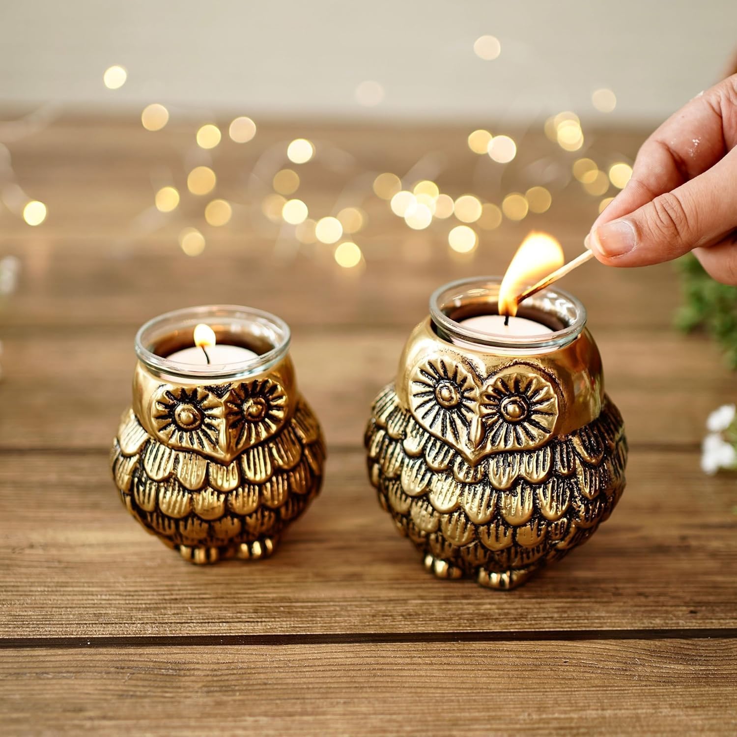 Aluminium Owls with Votives Set of Mother & Child,Statue for Home Decor Tabletop Living Room,Candle Holder Gift Showpiece for Mothers Day,Birthday,Anniversary,Votives Candle Included,16cm,15cm