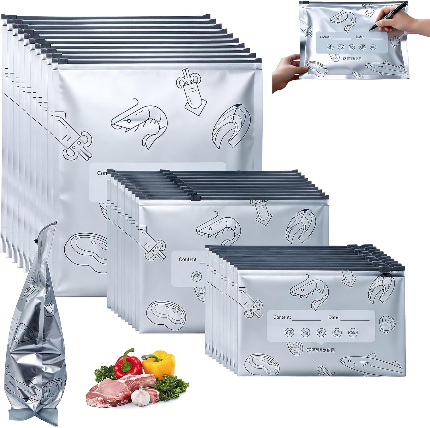 40PCS Reusable Aluminum Foil Sealable Storage Bags -2026 Resealable Vacuum Zipper Pouches for Food- Stand-Up Zipper Food Bags, 3 Sizes(Small, Medium, Large) for Kitchen, Meal Prep &amp; Freezer Storage