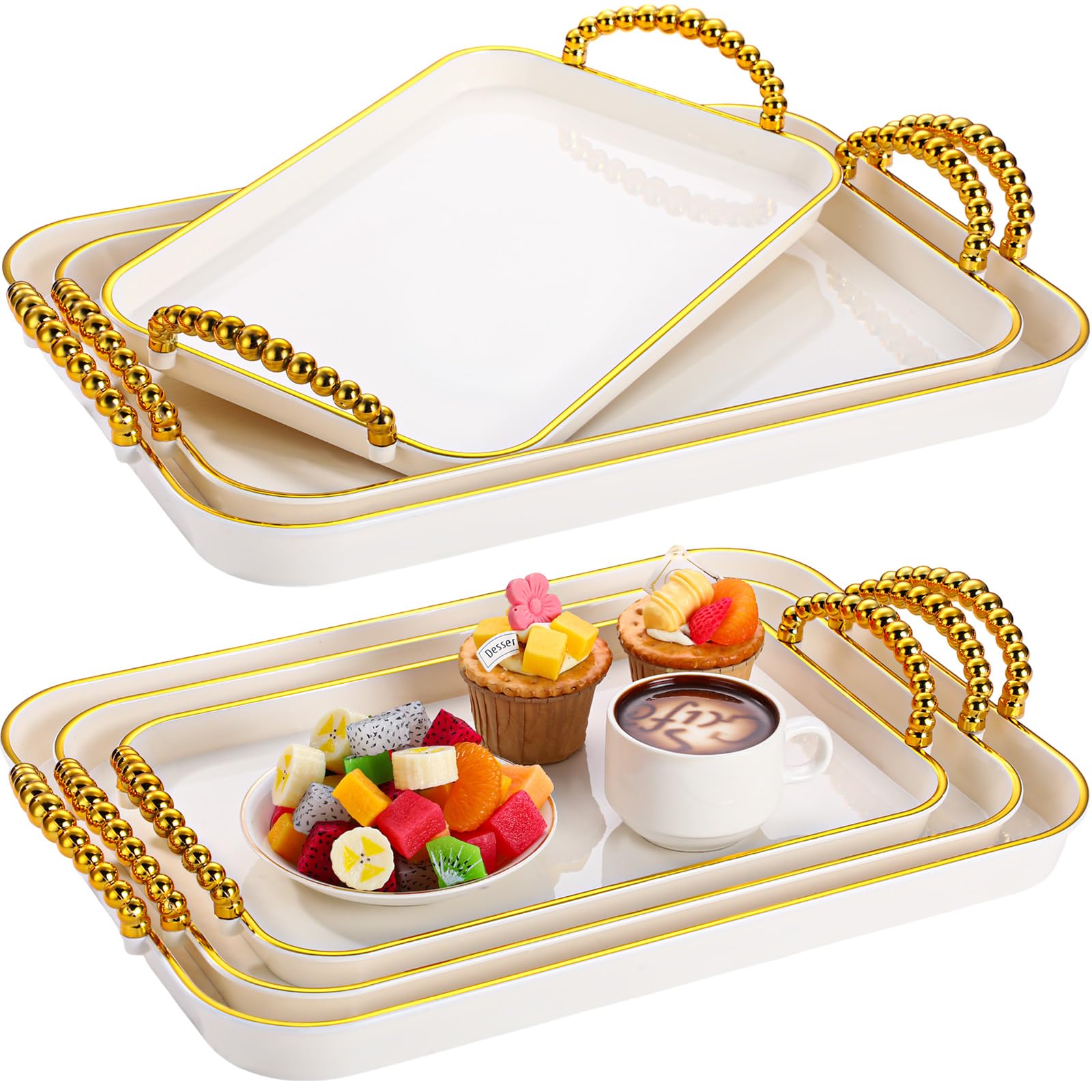 Photo 1 of Rtteri Set of 6 Serving Platters with Handles 18.3/16.73/14.8 Inch Large Rectangular Trays, Reusable Pet Plastic for Entertaining, Dinner Parties, Weddings(Round Beads Handles,White)