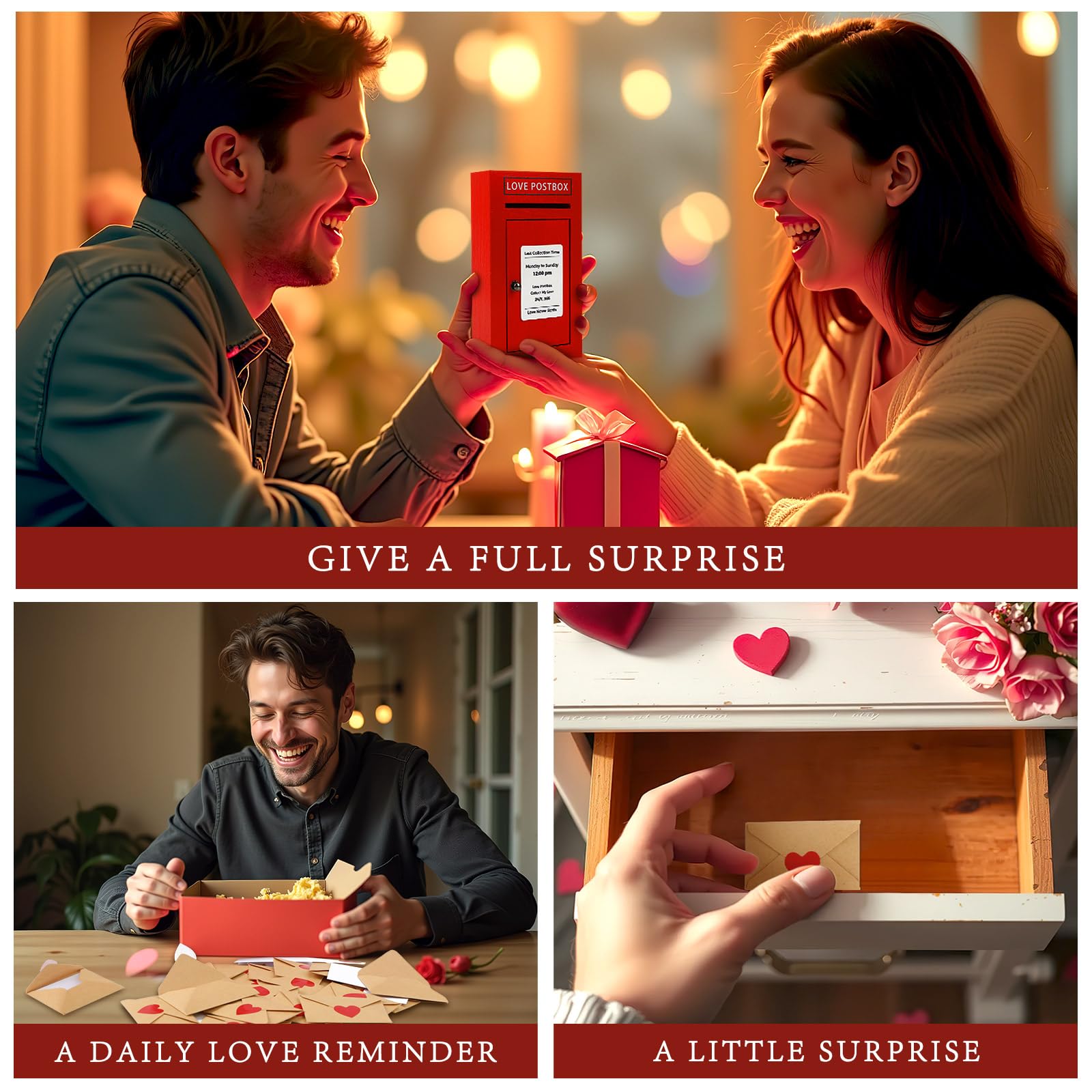 Romantic Love Postbox with 50 Mini Love Notes and Envelopes, Valentines Day Gifts for Him, Cute Valentines Gift for Husband Boyfriend, Vday LoveLetter, Long Distance Relationship Gifts
