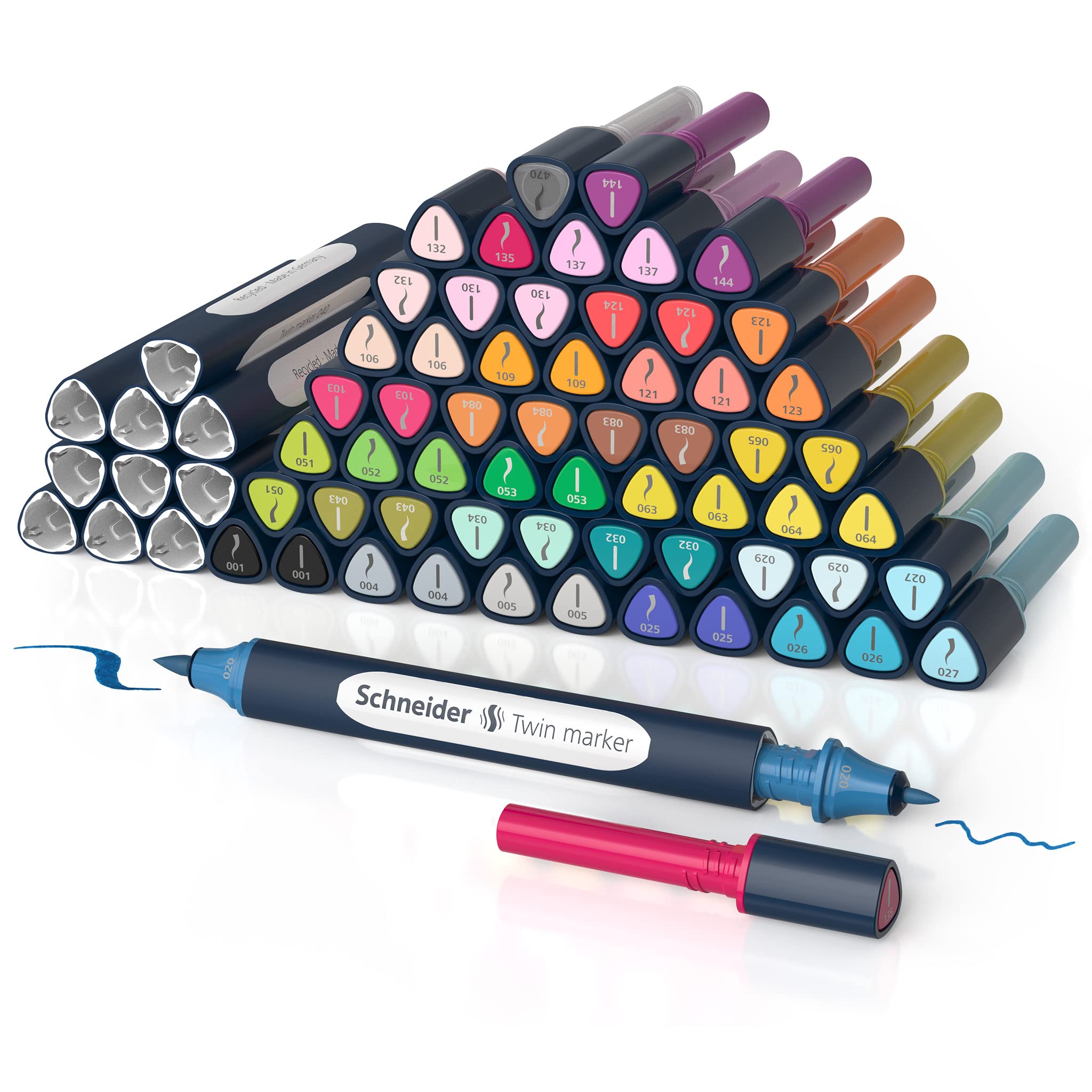 Schneider 040 Paint-It Twinmarker Komplettset (Brush Tip & 1,0 mm Rundspitze,farbintensive Tinte auf Wasserbasis,für die Anwendung auf Papier,Stifte aus 92% recyceltem Kunststoff) 72 Teile, mehrfarbig