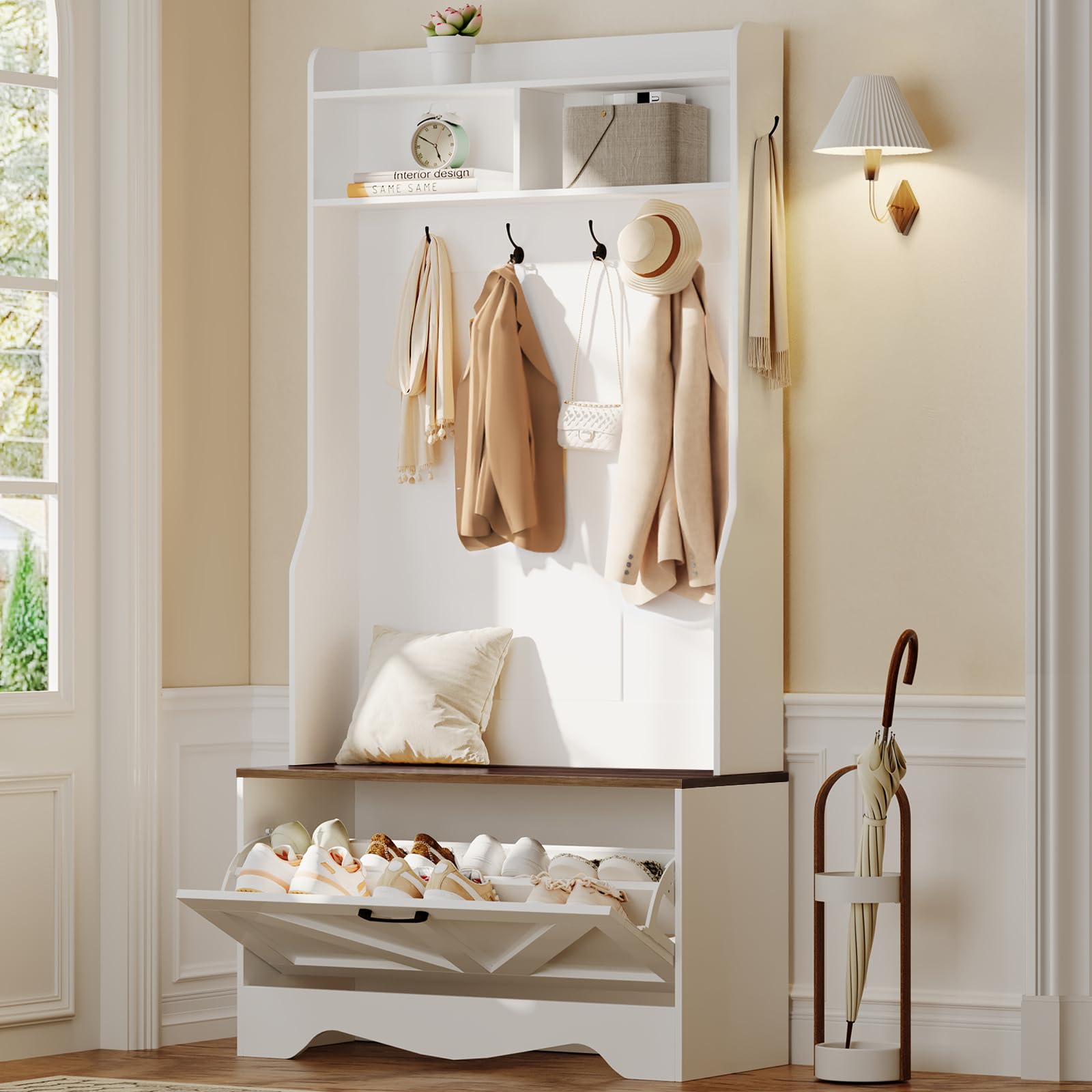 DSNAPE Hall Tree with Bench, Entryway Bench with Coat Rack and Shoe Cabinet, Flip Drawers, Farmhouse Hall Tree with Shoe Organizer, White and Walnut