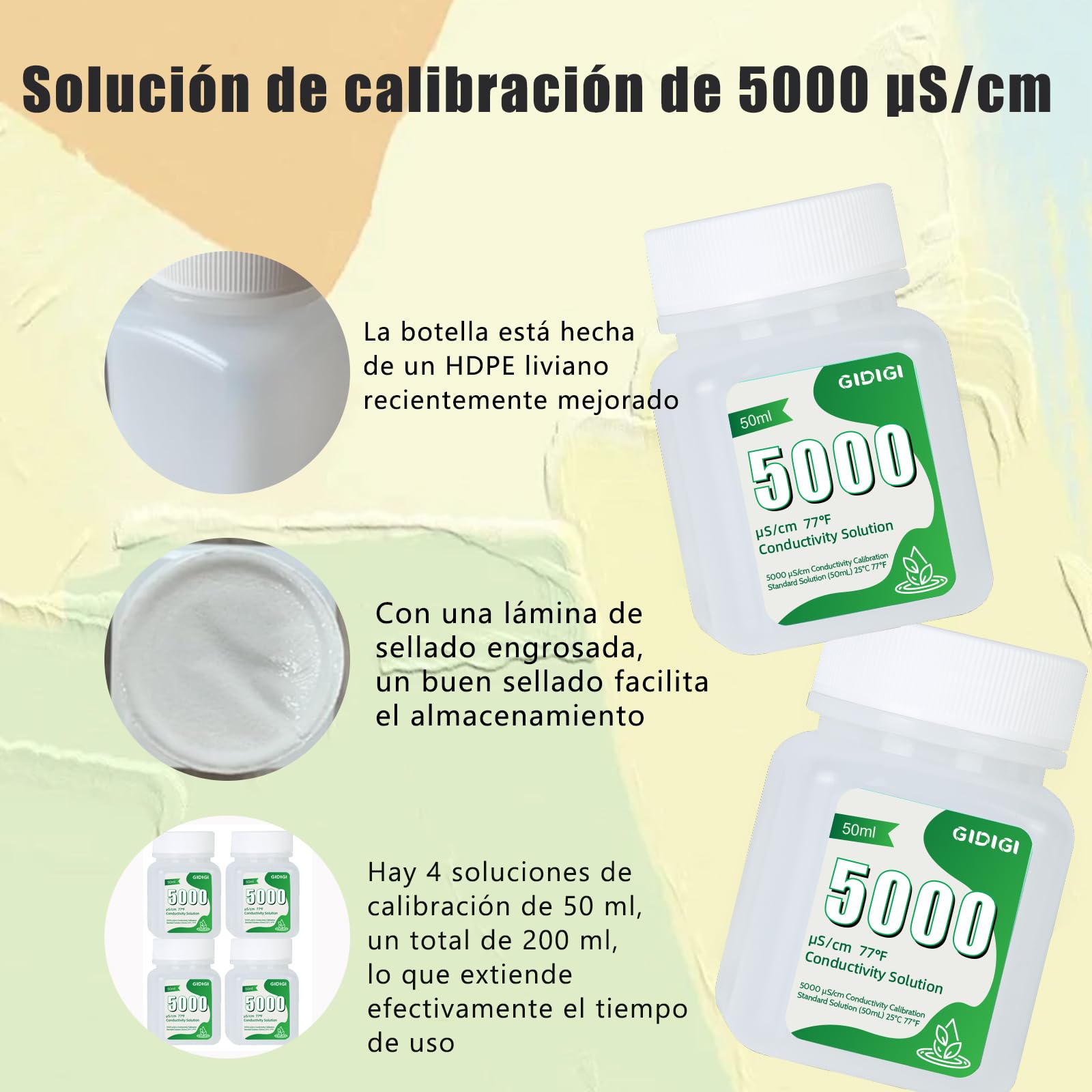 Solución de calibración EC TDS 5000μS/cm, 4 botellas de 50 ml para medidores EC TDS