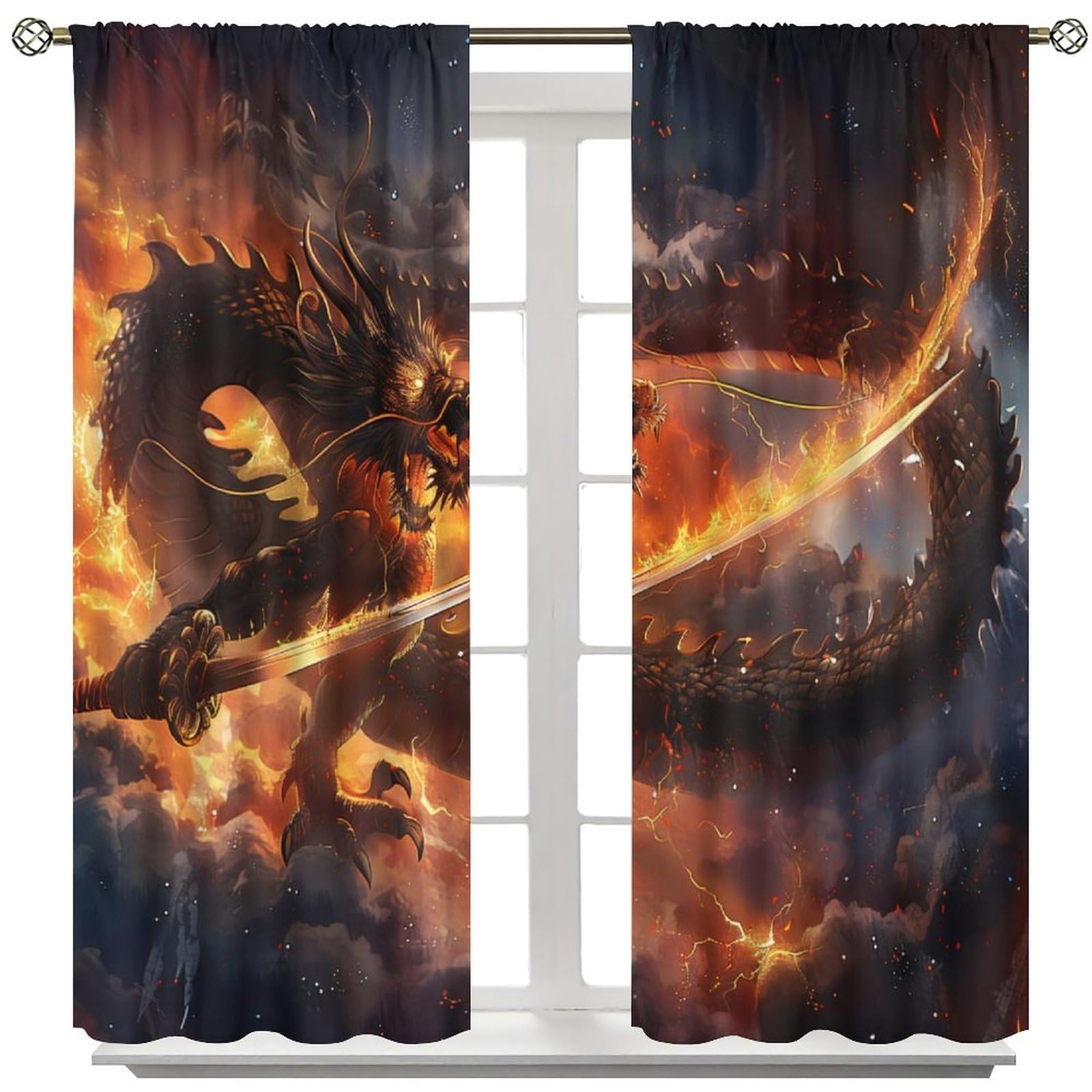 wlsgdsg Dragon Curtains, Mysterious Fierce Asian Japanese Samurai Sword Flaming Dragon Animal Blackout Windows Treatments, Thermal Insulated Drapes for Kids Boys Girls Living Room Bedroom 84x84in