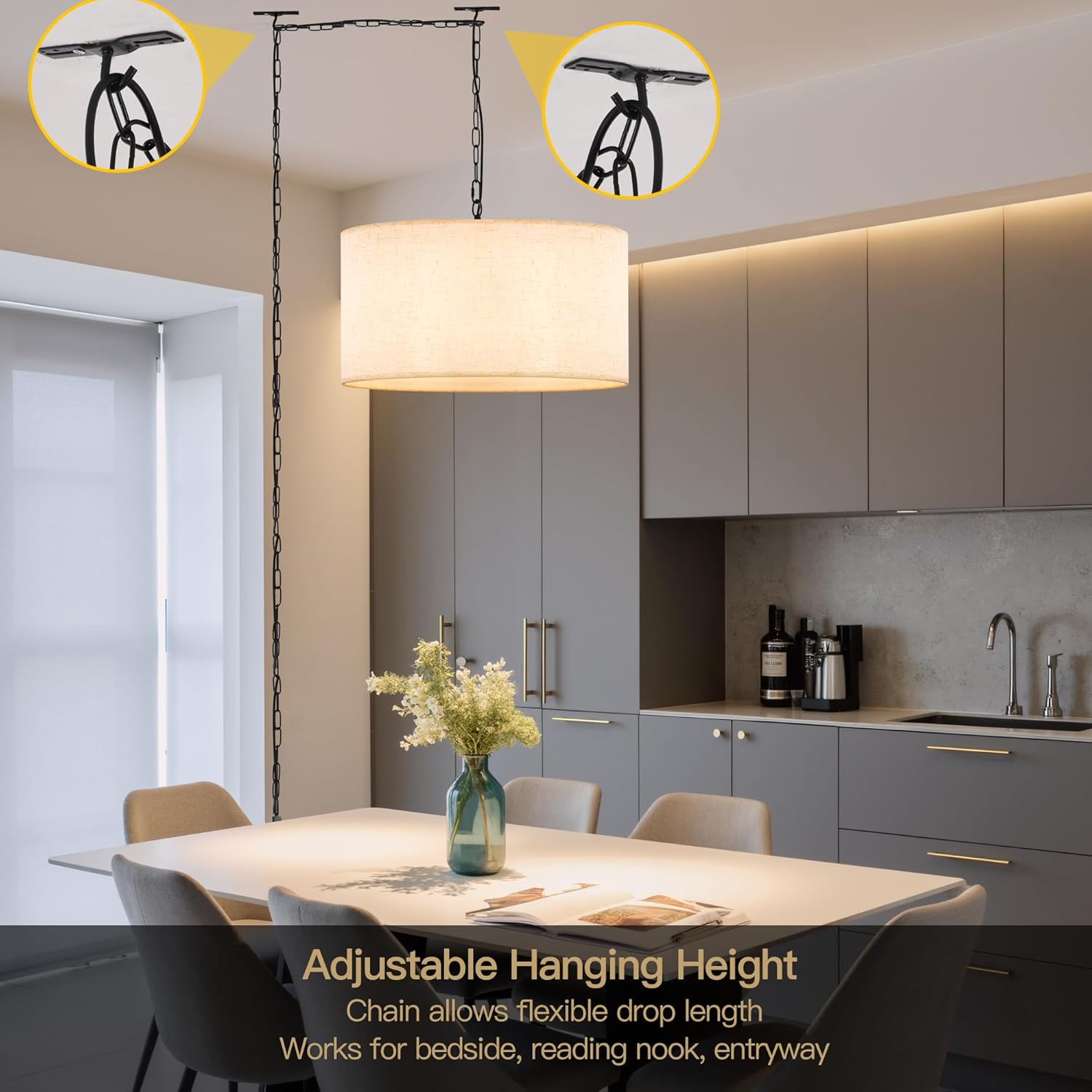 3-Light Plug in Pendant Light with Linen Drum Shade, 15FT Cord & 11.8FT Chain, Adjustable Hanging Height Chandelier with Inline Switch Modern Hanging Lamp for Bedroom Living Room Dining Room