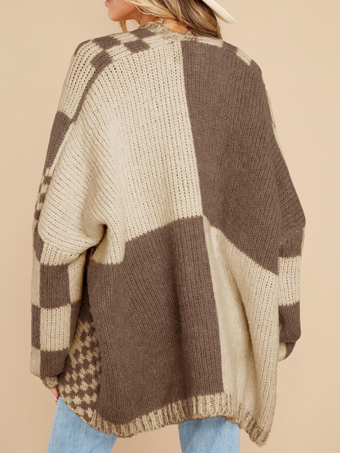 Saodimallsu Womens Checkered Sweater Color Block Plaid Cardigans Oversized Long Sleeve Knit Open Front Coats - Image 5