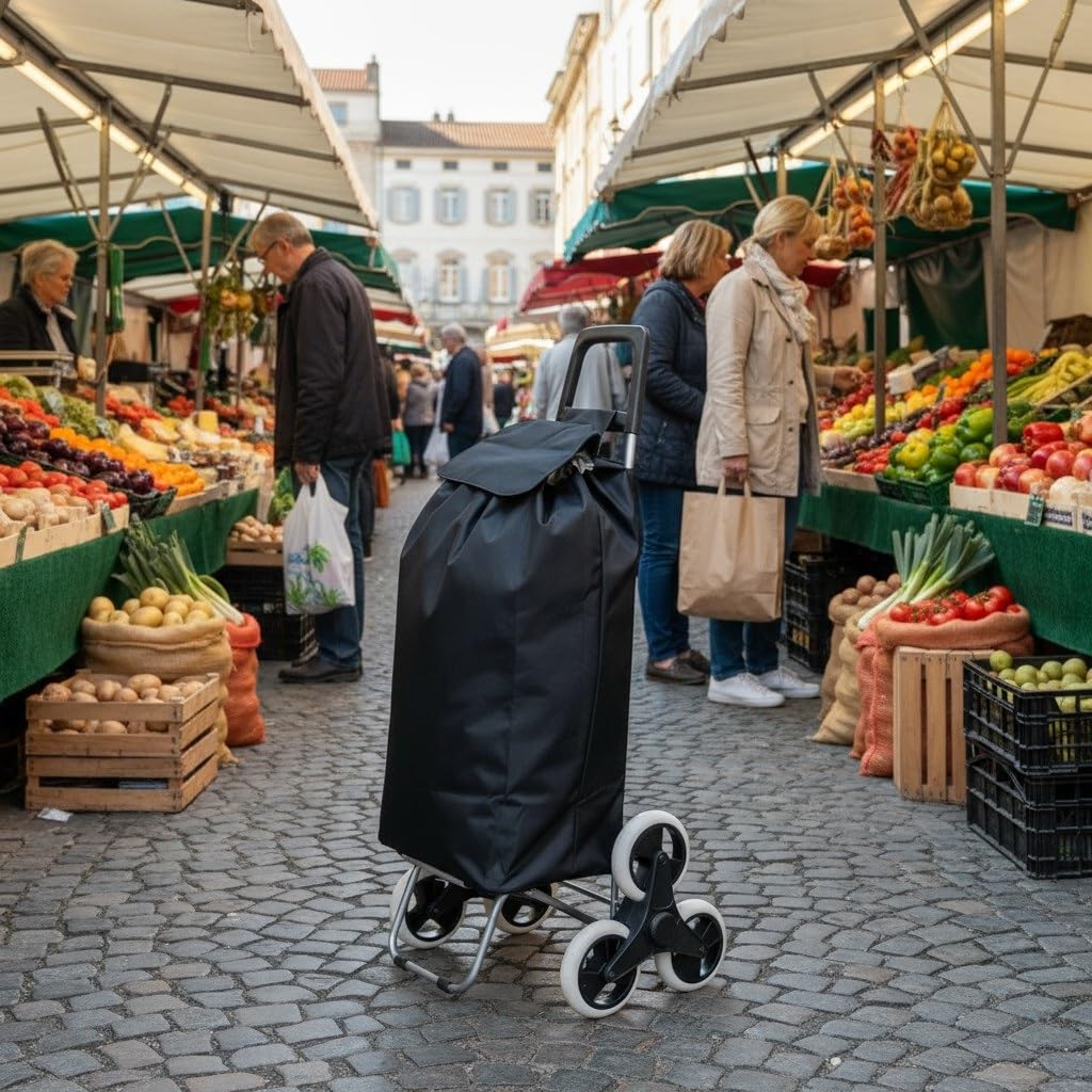 Carro de la Compra Plegable para Subir Escalerascon, Carrito del Mercado 6 Ruedas, Bolsa Impermeable de 44L litros (Negro)