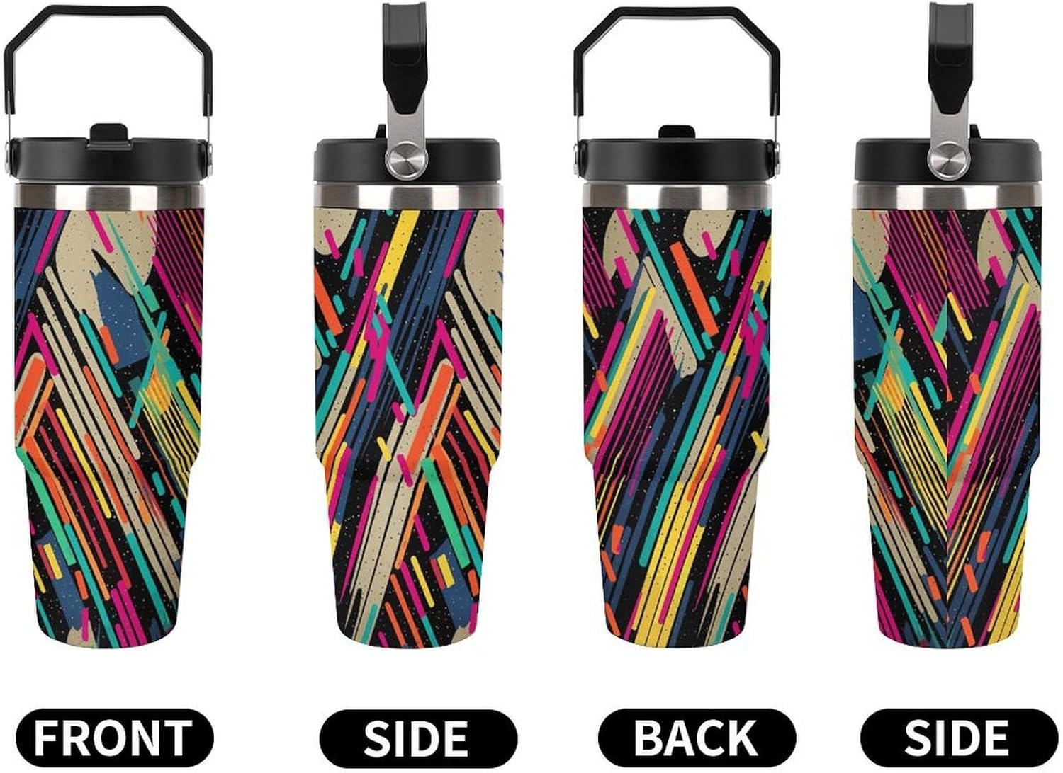 Striped Abstract Colorful Water Bottle 30 Oz Fits Car Cup Holder,Insulated Coffee Mug Large Capacity Car Cups,Stainless Steel Double Wall Sport Bottle for Travel Sports Gym