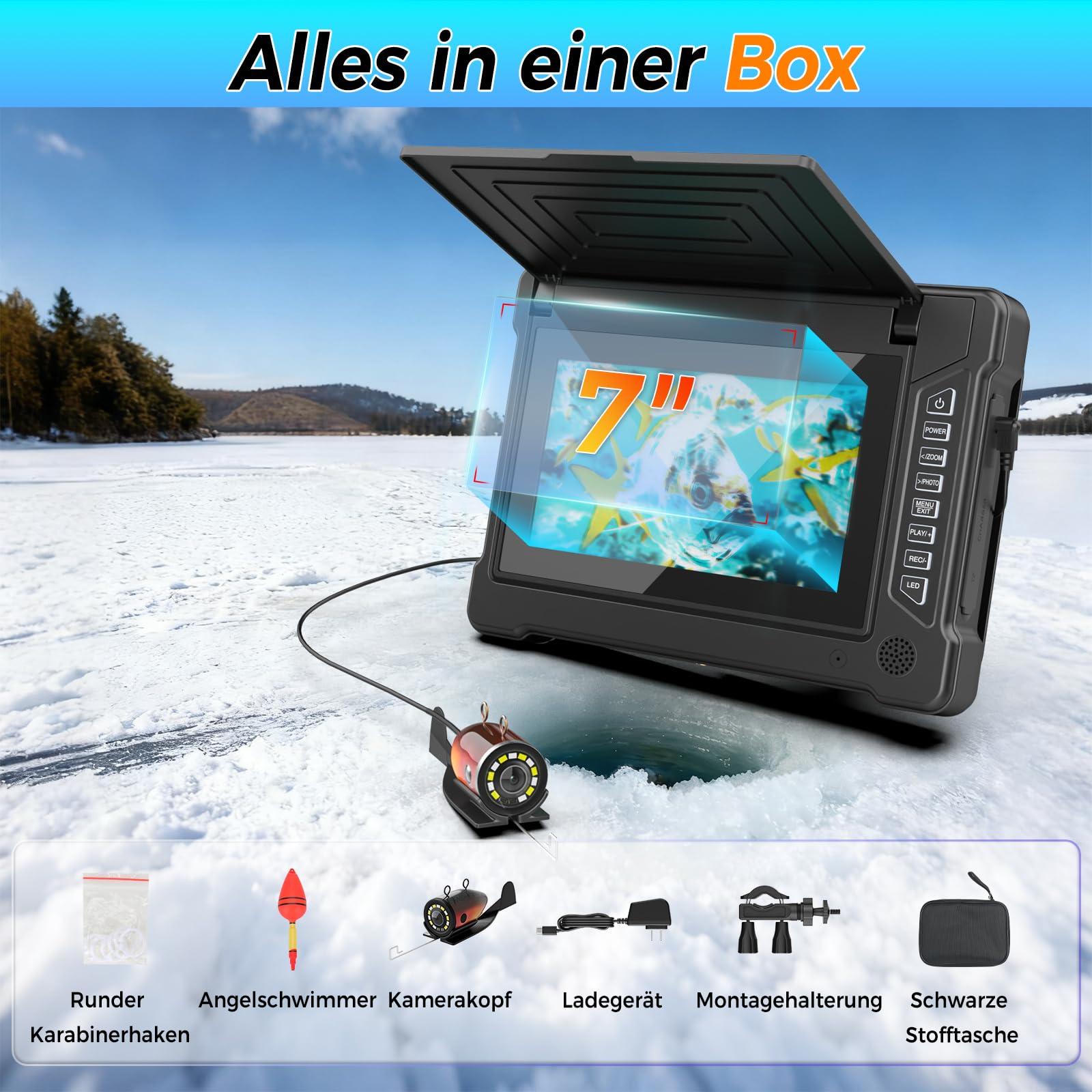 Fischfinder Unterwasserkamera Angeln mit IR Nachtsicht, 165° Weitwinkel, IP68 Wasserdict Fish Finder für Meeresangeln Fluss Angeln Eisfischen, 10h Arbeitstime,15m Linie