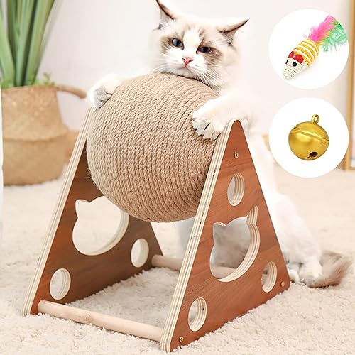 Juguete rascador para gatos, bola rascador de sisal natural con campana integrada, bola rascador interactiva de madera maciza para gatos y gatitos