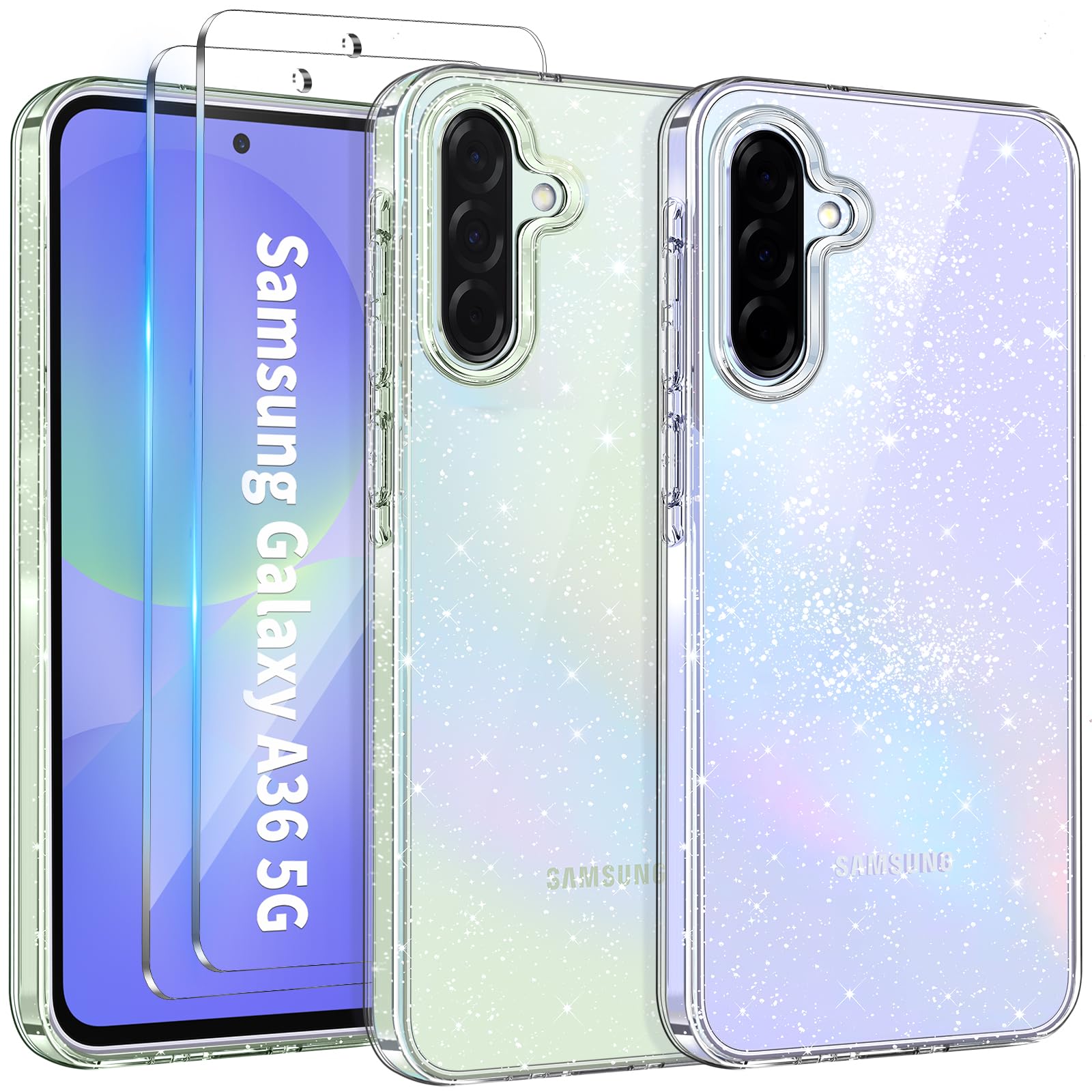 COPIKE Cover per Samsung Galaxy A36 5G con 2 Pezzi Vetro Temperato, Custodia Silicone Morbido TPU Trasparente Antiurto Simpatiche per Donne e Ragazze, Glitter